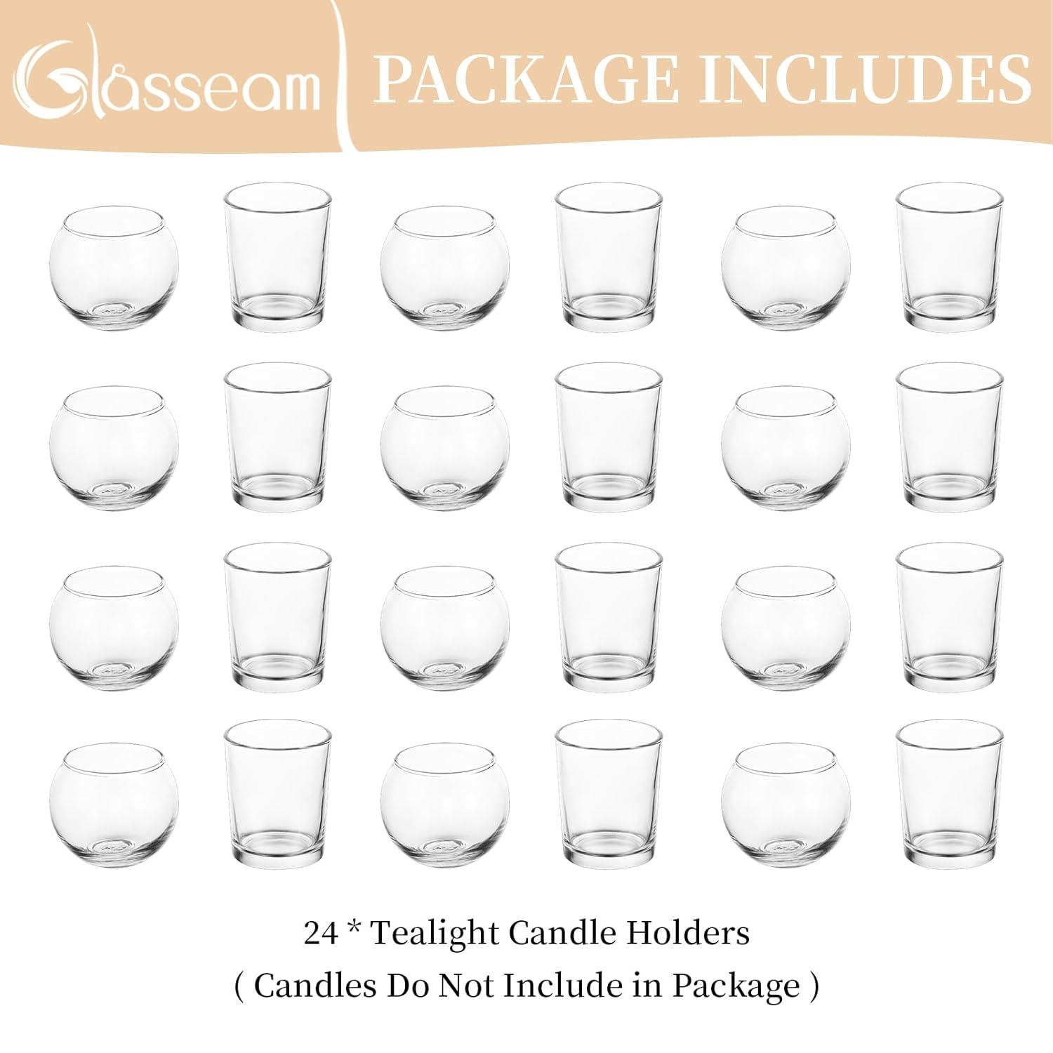 Glasseam Clear Candle Holders - Round Glass Votive Candle Holders Bulk 24, Modern Small Tea Lights, Decorative for Dining Room & Christmas Decor