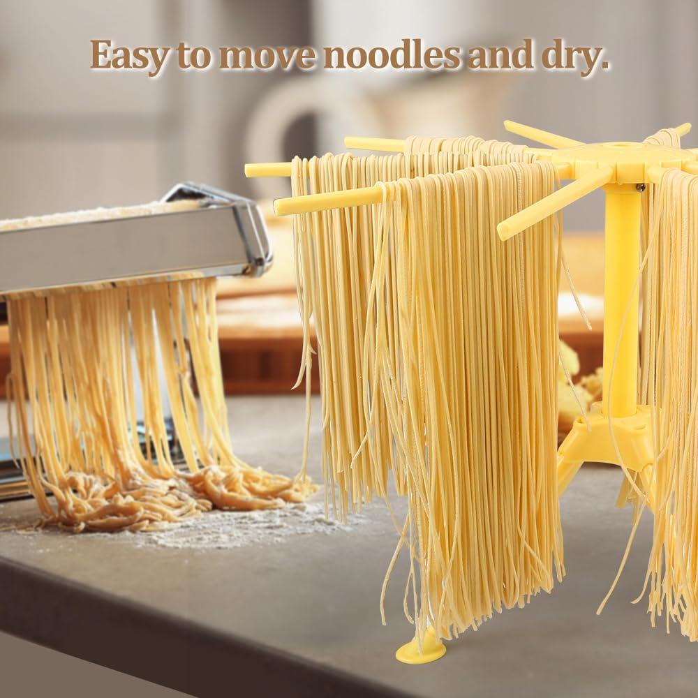 Foldable Pasta Drying Rack, Plastic Collapsible Spaghetti Hanger Noodle Dryer Stand with 10 Bar Handles for Homemade Fresh Pasta, Stable, Easy Storage, Quickly Set Up (Yellow)