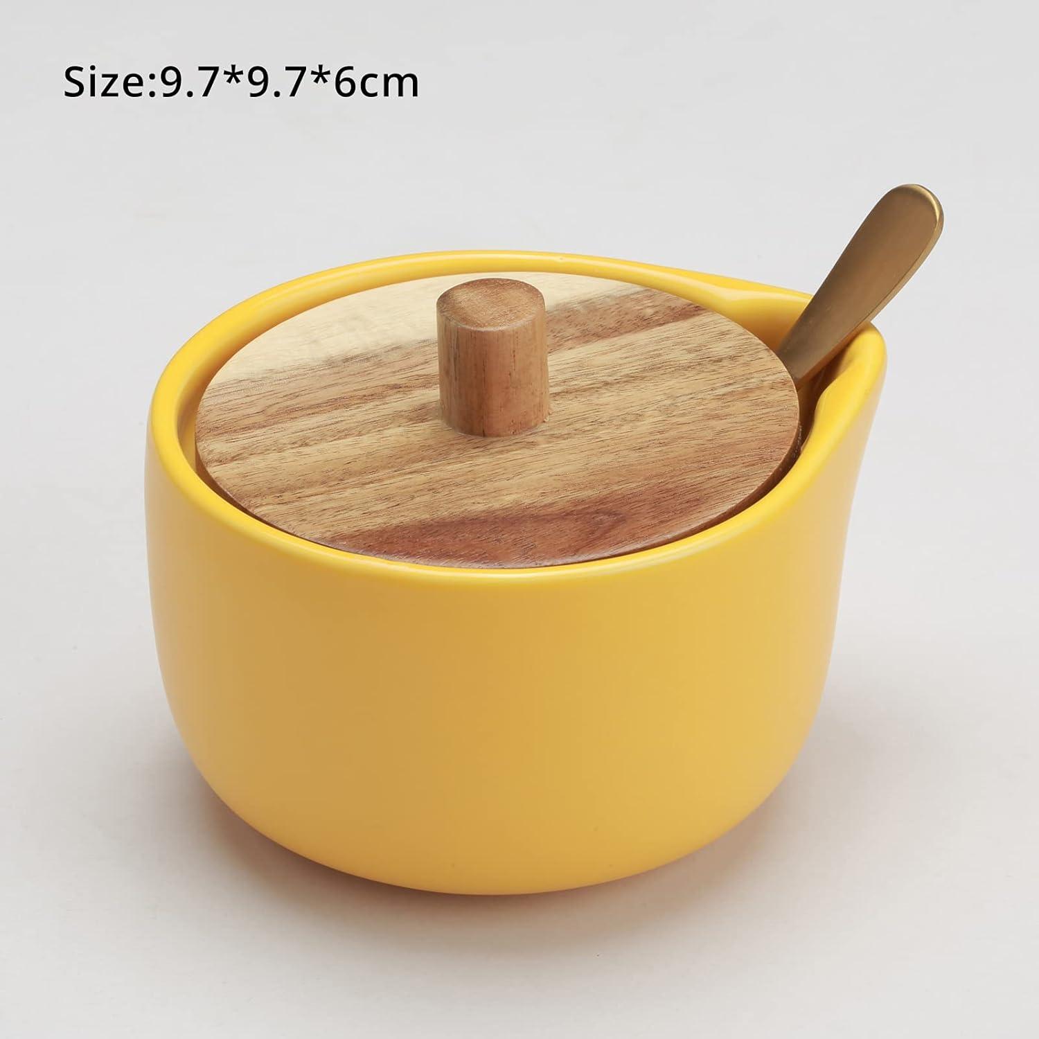 everous Salt Box(yellow) Salt Cellar Elegant Design Decorative Boxes Big Capacity Wood yellow Ceramic Base