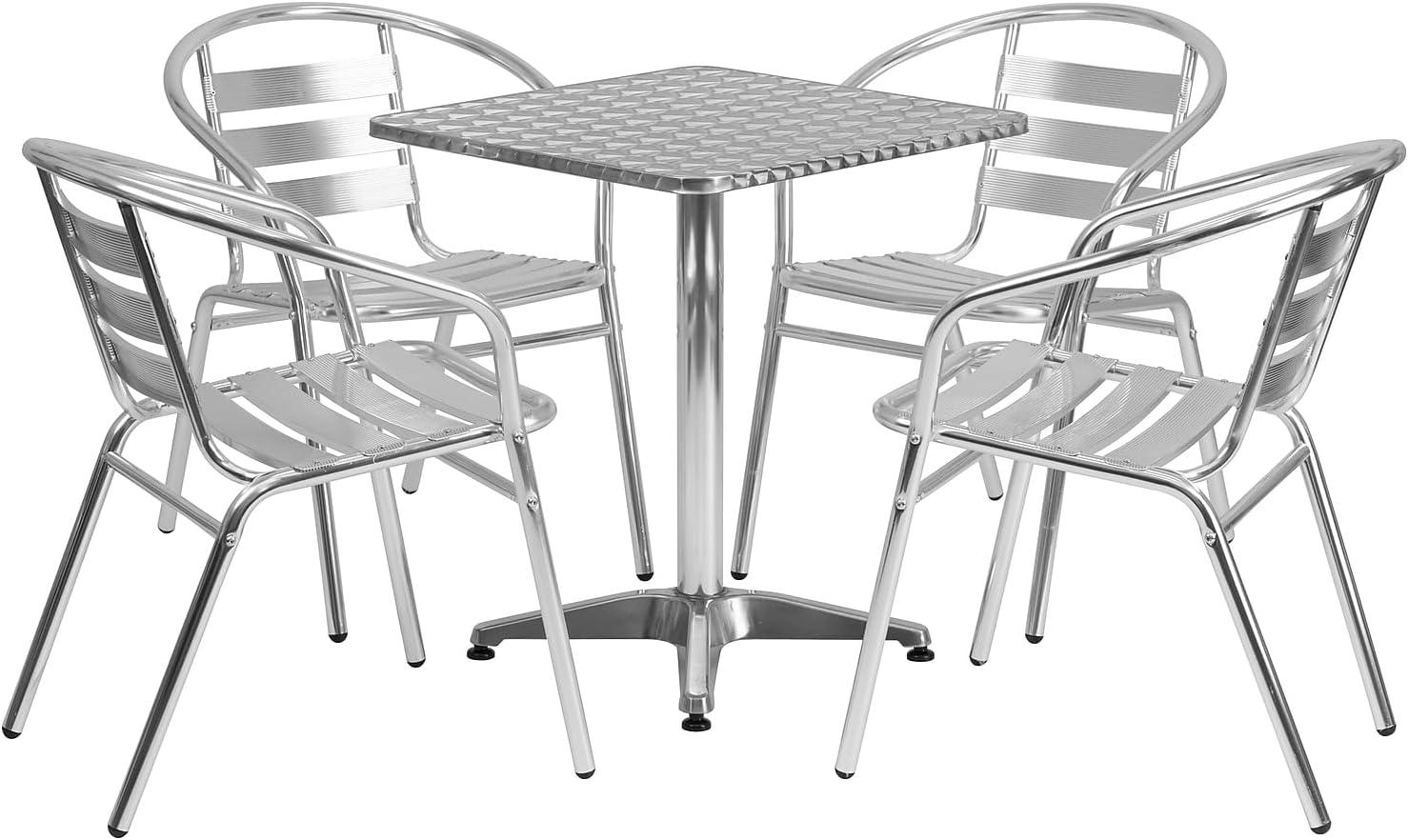 Flash Furniture Lila Juego de Mesa Cuadrada de Aluminio para Interior y Exterior de 23,5 Pulgadas con 4 Sillas con Respaldo de Listones
