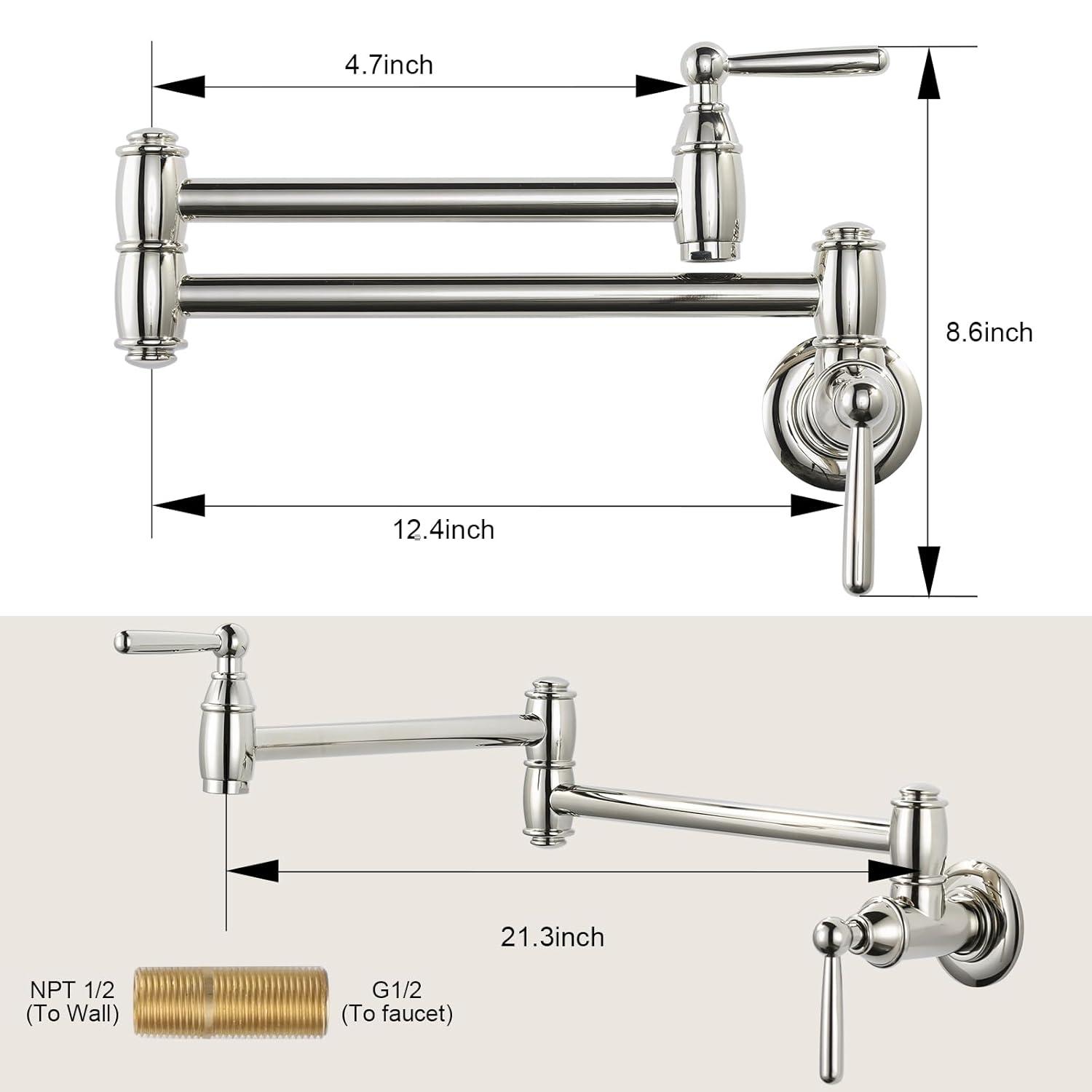 Pot Filler Faucet Polished Nickel: ARCORA Modern Pot Filler Wall Mount Kitchen Folding Faucet 2 Handle with Double Joint Swing Arms Brass Stove Faucet