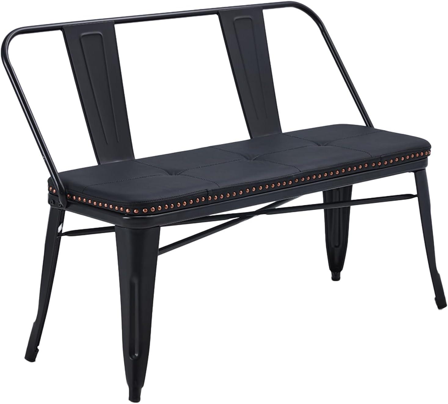 YOLENY Dining Bench, Entryway Bench with Back, Farmhouse Metal Dining Bench, Industrial Mid-Century 3 Person Rustic Spindle Bench, with Leather Seat, Removable Backrest, 42in, Black