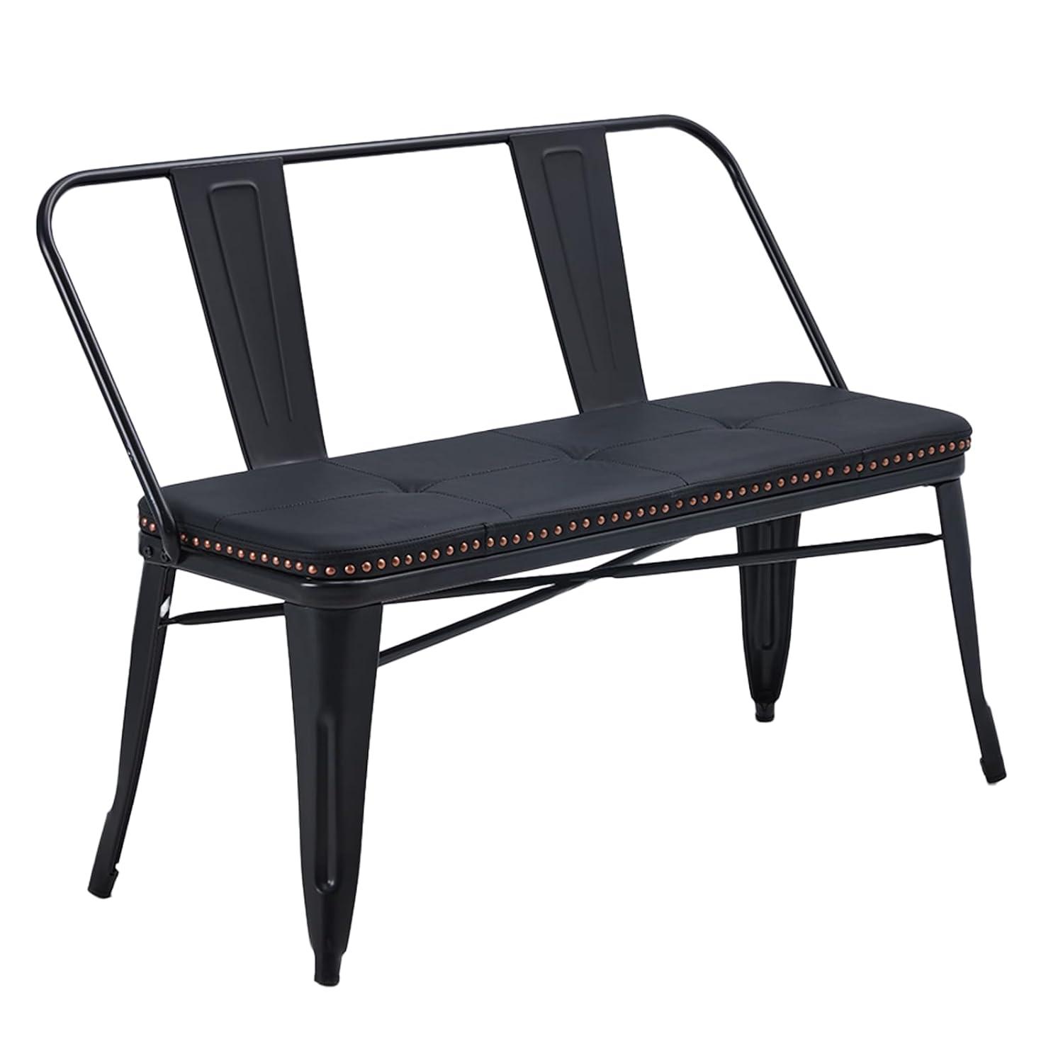 YOLENY Dining Bench, Entryway Bench with Back, Farmhouse Metal Dining Bench, Industrial Mid-Century 3 Person Rustic Spindle Bench, with Leather Seat, Removable Backrest, 42in, Black