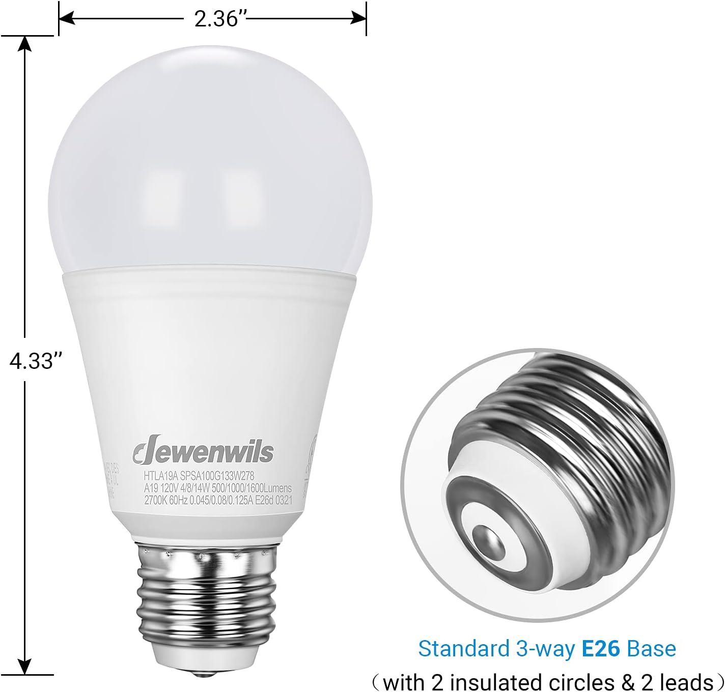 DEWENWILS 3 Way Light Bulbs Soft White, 40/60/100W Equivalent, 2700K LED Light Bulbs E26 Medium Base, 500/1000/1600LM, 4-Pack