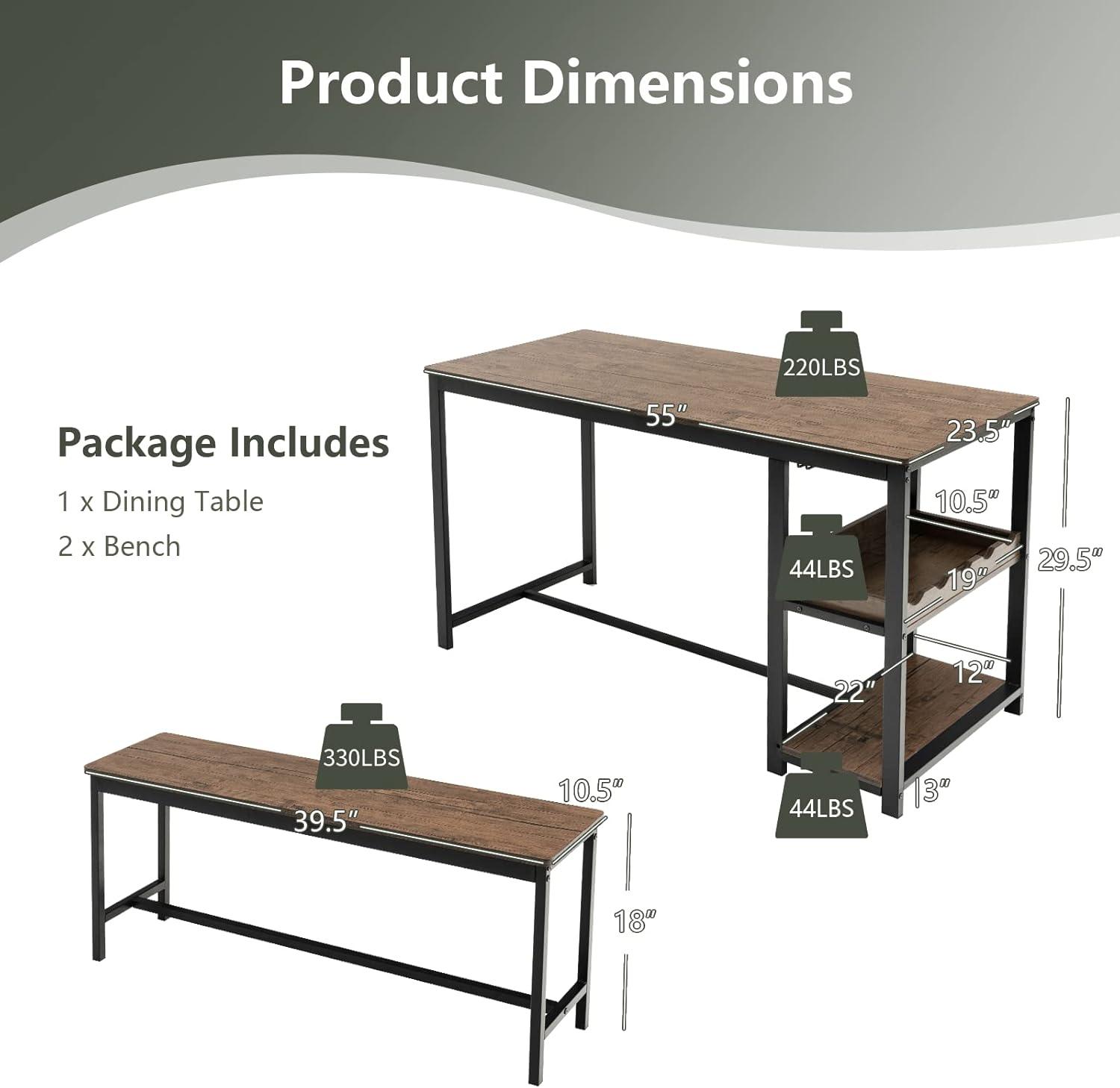 Costway 3 PCS Dining Table Set for 4 Kitchen Dining Room Table & 2 Benches W/ Rack