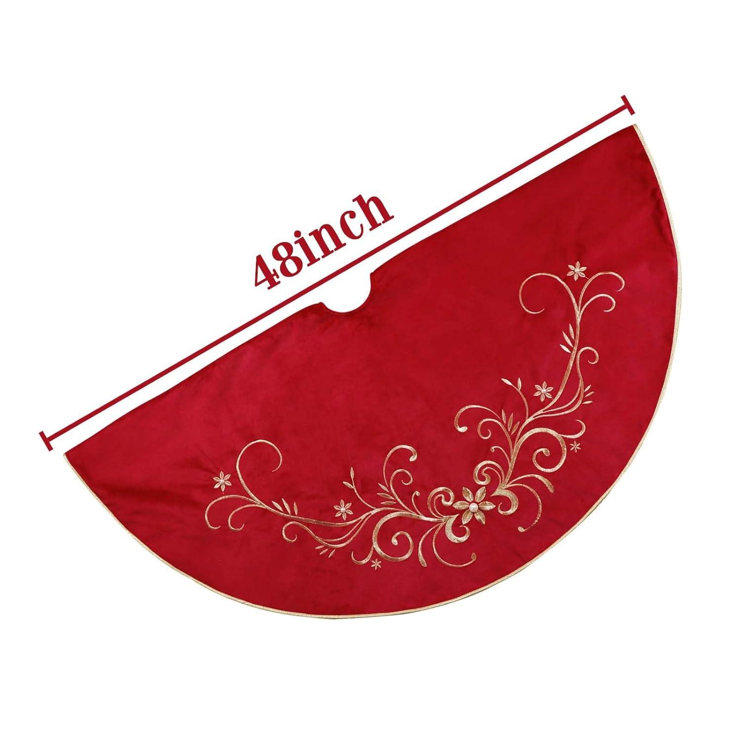 Christmas Tree Skirt, 48 inches Red Luxury Velvet Plush Fur Skirts with Gold Embroidered Holly Leaf for Rustic Xmas Tree Holiday Decorations