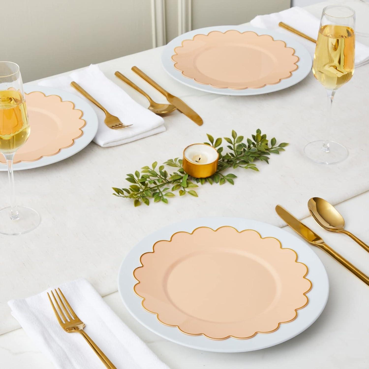 BLUE PANDA 50 Pack Ivory Pink Plastic Plates for Party, 9 Inch Disposable for Party Supplies, Wedding, Gold Foil Scalloped Edges - Scalloped Plates
