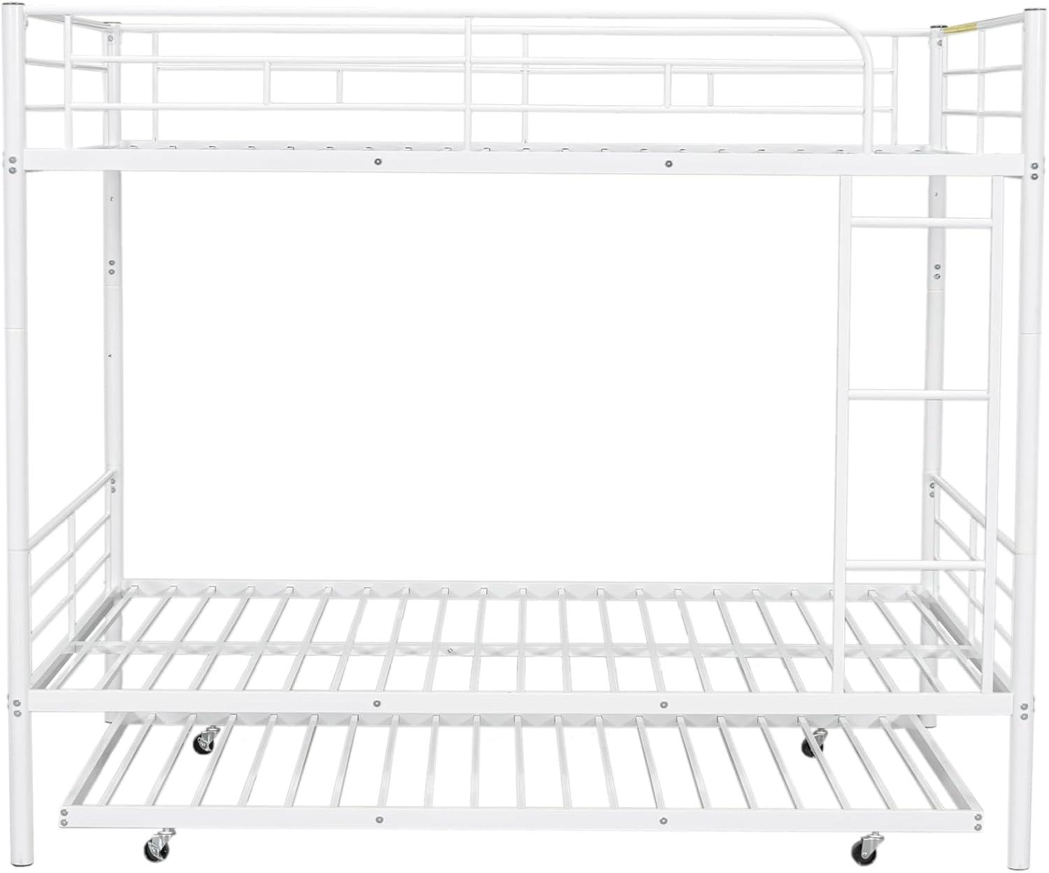 Harper & Bright Designs Full Over Full Metal Bunk Bed with Trundle, Ladder & High Guardrail, Able to Split, Noise Free, Heavy-Duty Steel Loft Bed Frame with Safety Rail for Bedroom, Dorm (White)