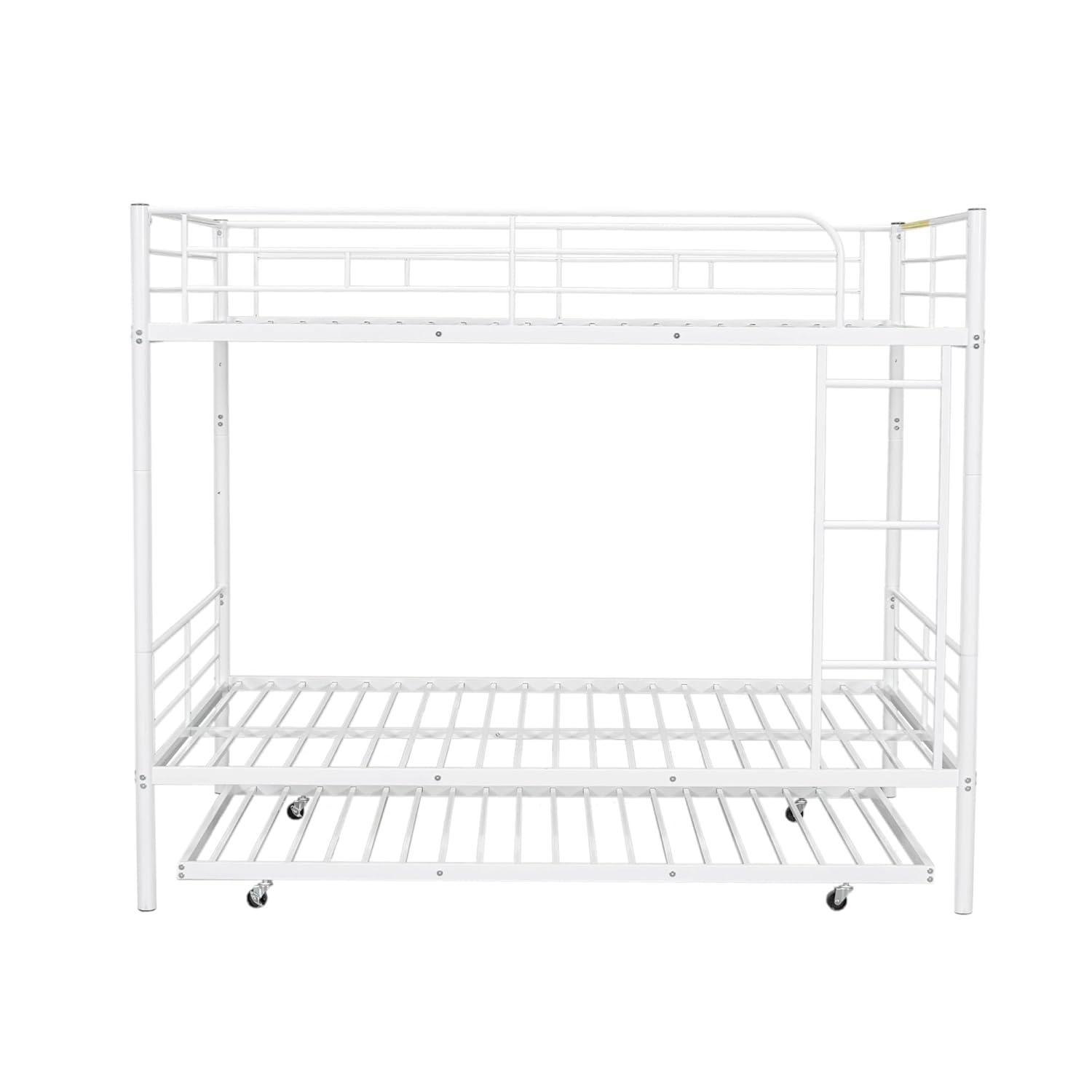 Harper & Bright Designs Full Over Full Metal Bunk Bed with Trundle, Ladder & High Guardrail, Able to Split, Noise Free, Heavy-Duty Steel Loft Bed Frame with Safety Rail for Bedroom, Dorm (White)