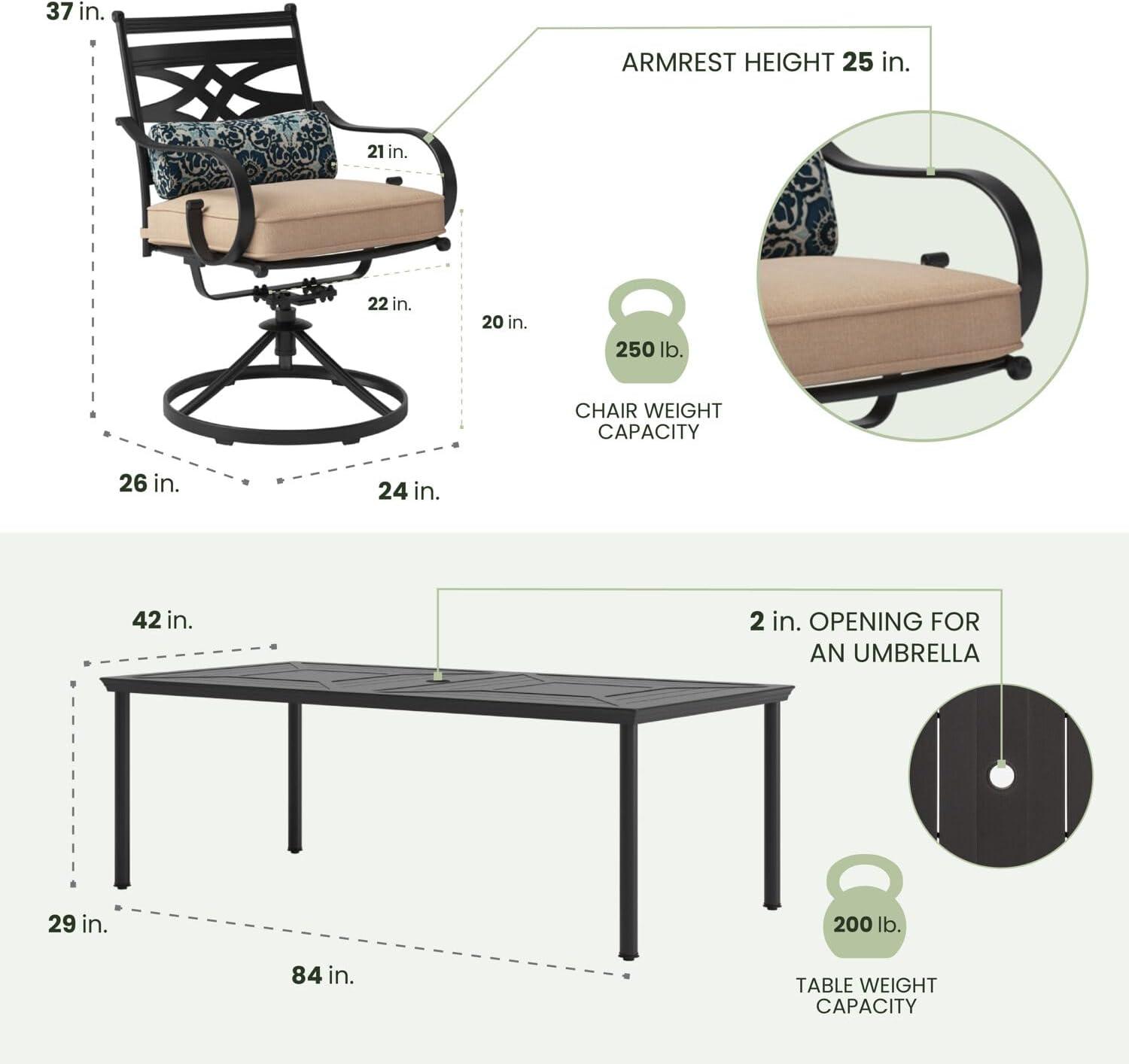 Hanover Montclair 9-Piece All-Weather Outdoor Patio Dining Set, 8 Swivel Rocker Chairs with Comfortable Seat and Lumbar Cushions, 84"x42" Stamped Rectangle Table, MCLRDN9PCSW8-TAN