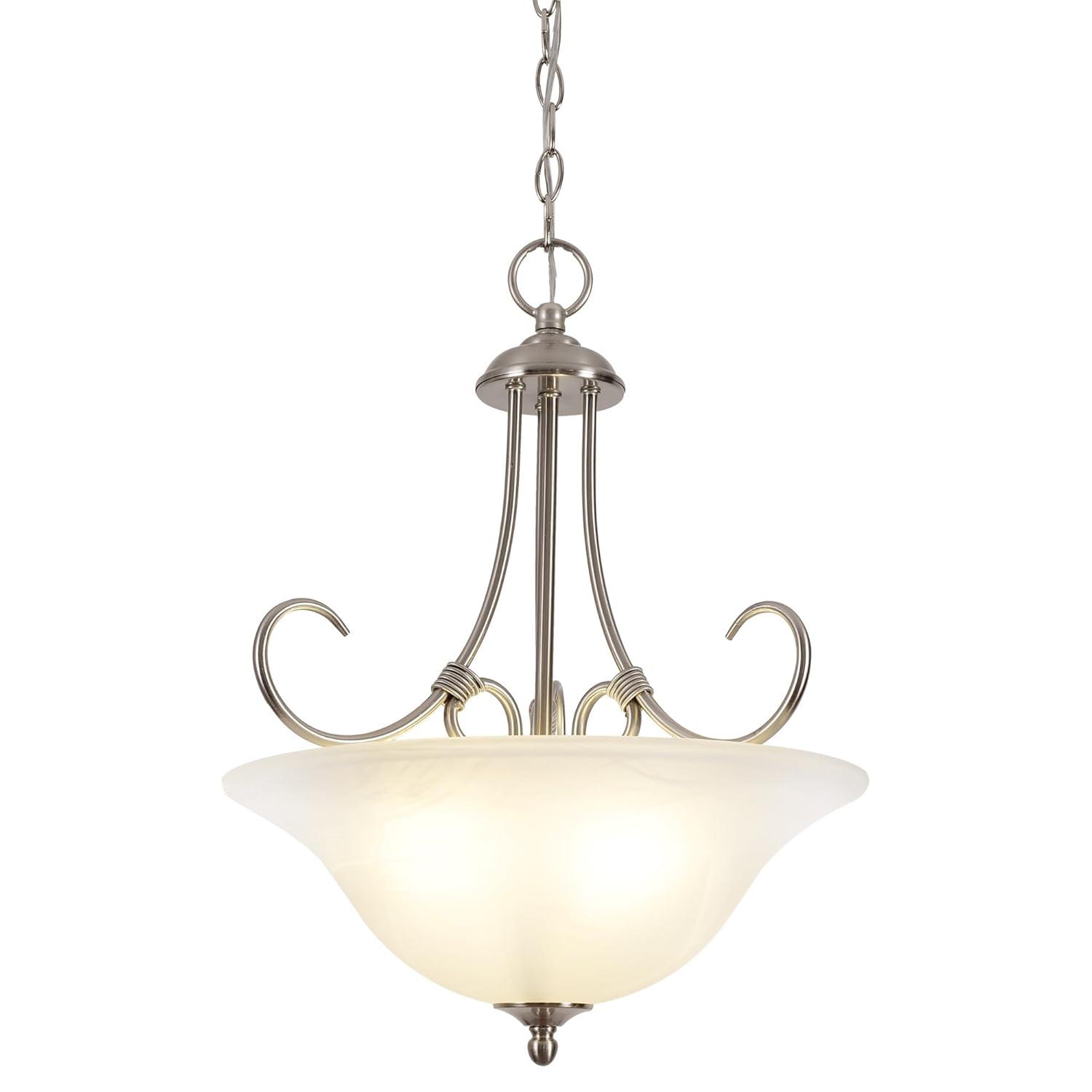 Design House Willowdale Pendant Light Fixture - Traditional Alabaster Glass Bowl Shade for Kitchens, Foyers, Dining Rooms - Adjustable Height Pendant Light Fixture - Satin Nickel, 589747