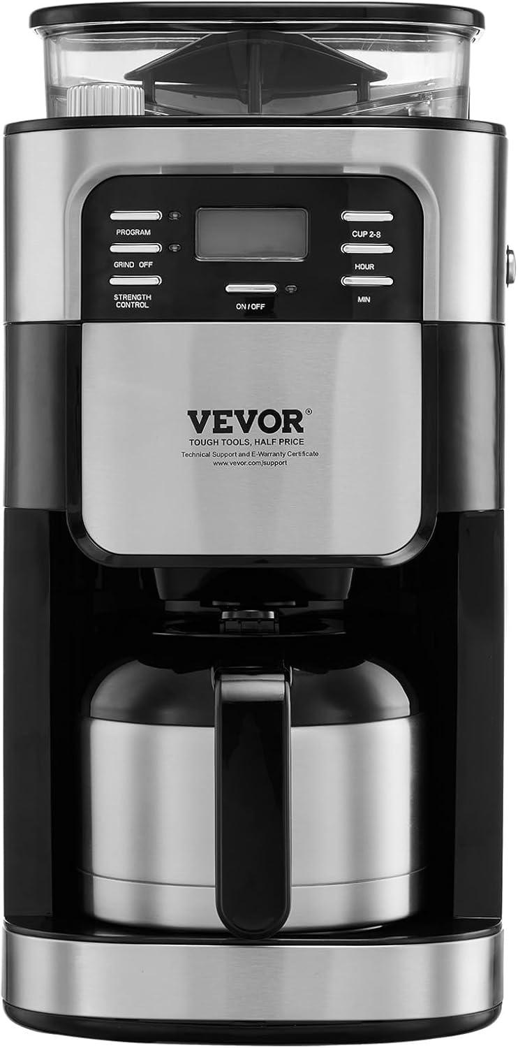 Grind and Brew Coffee Maker Machine, 8 Cup Capacity with 3 Brew Strength Options, Built in Timer for Auto Morning Brew, Ideal for Office Home Cafe, Black