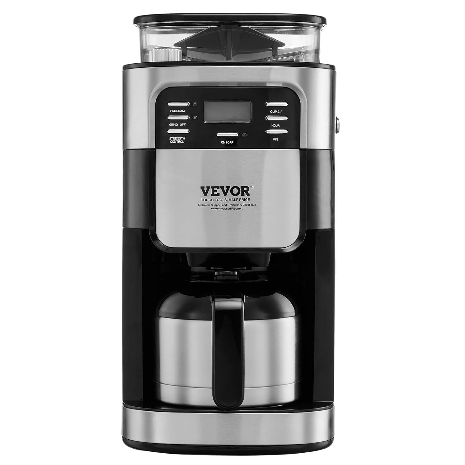 Grind and Brew Coffee Maker Machine, 8 Cup Capacity with 3 Brew Strength Options, Built in Timer for Auto Morning Brew, Ideal for Office Home Cafe, Black