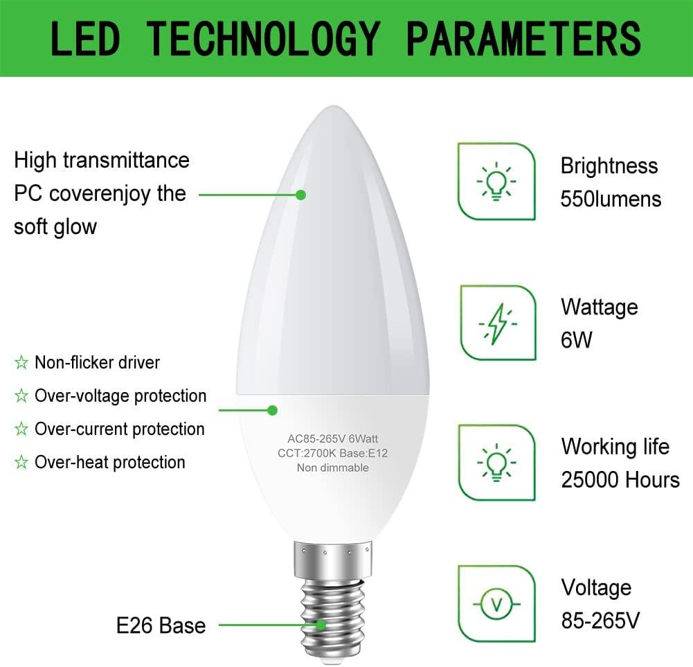 TGMOLD 6W LED E12 Candelabra Light Bulbs, 6 Watts (60W Equivalent), Daylight White 5000K, Chandelier Bulbs for Table Lamp, Chandelier, Ceiling Fan, Kitchen, 6 Pack
