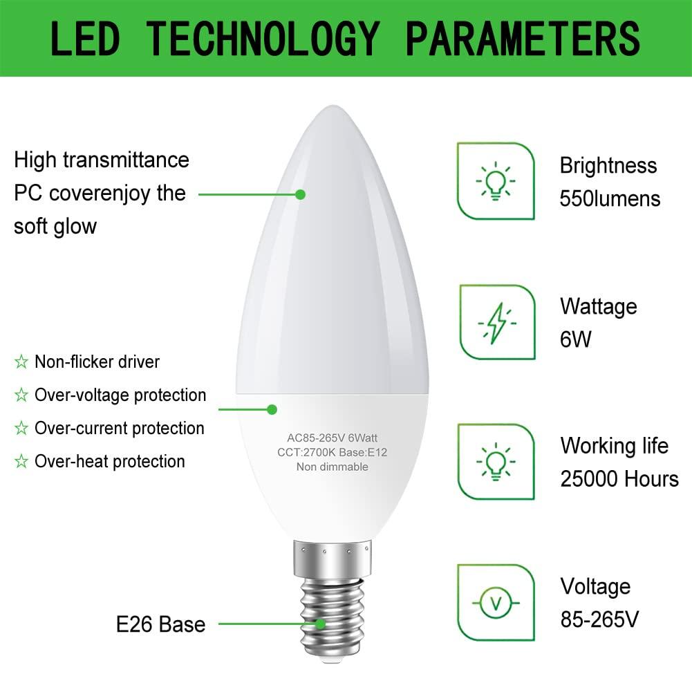 TGMOLD 6W LED E12 Candelabra Light Bulbs, 6 Watts (60W Equivalent), Daylight White 5000K, Chandelier Bulbs for Table Lamp, Chandelier, Ceiling Fan, Kitchen, 6 Pack