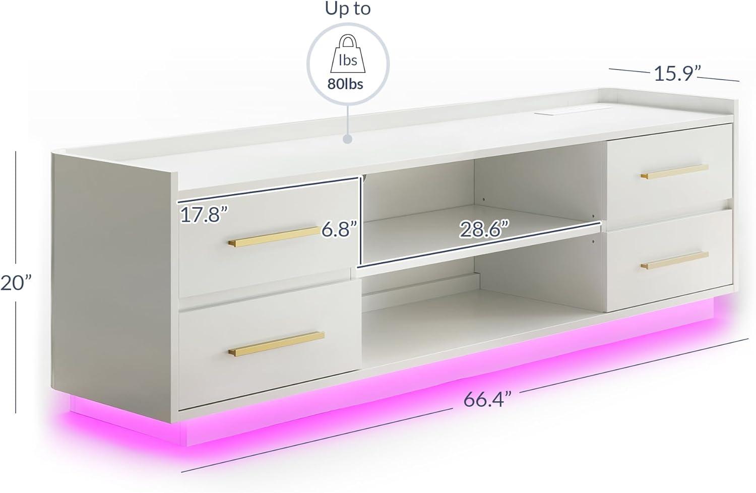 BELLEZE 66" TV Stand for TVs up to 75", Media Console Table with Drawers & Open Shelves, Entertainment Center with Music Sync LED Lights for Bedroom, Living Room - Corrigan (White)