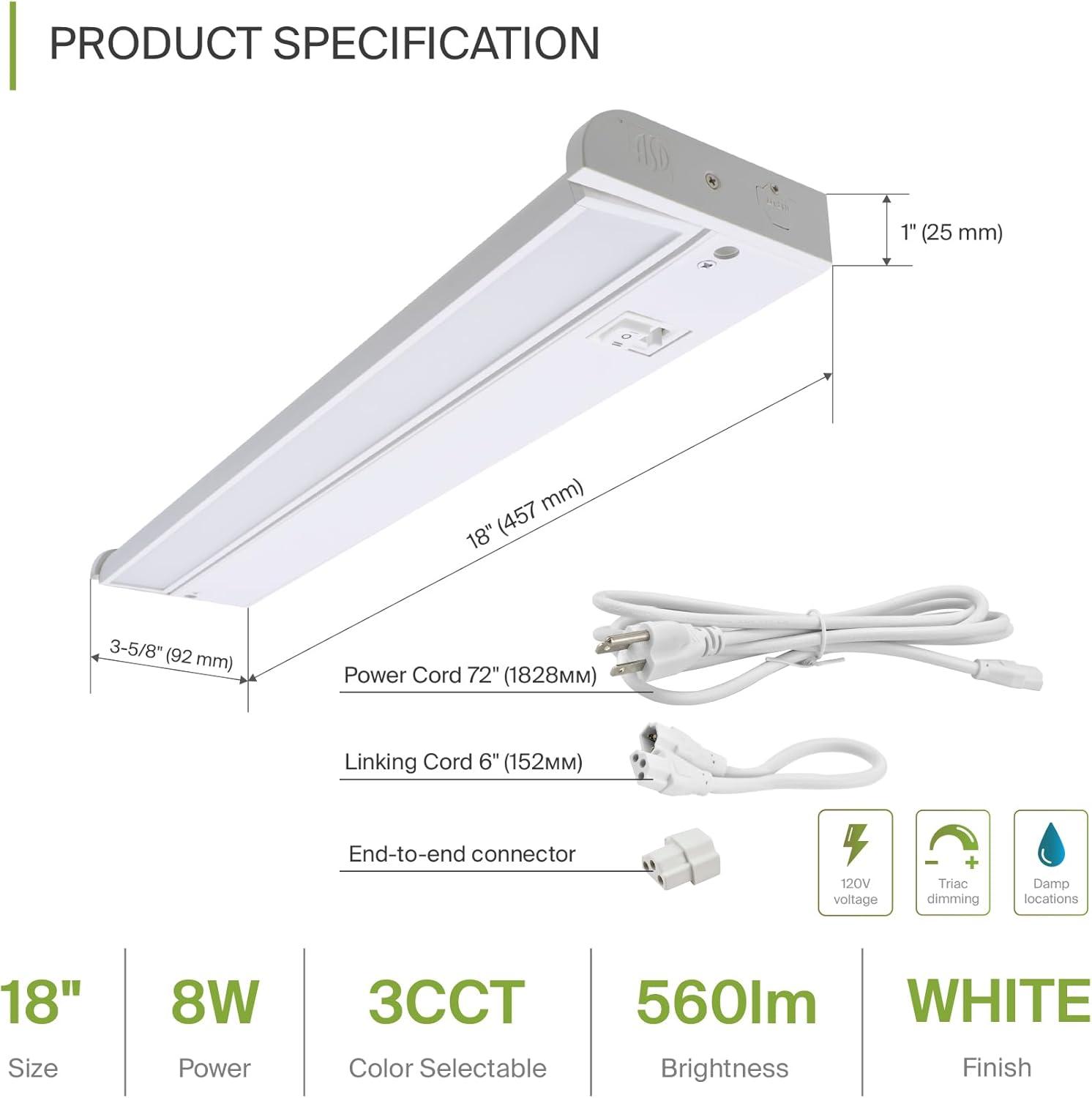 ASD Swivel LED Under Cabinet Lighting, 18 Inch 8W, Hardwired or Plug-in, 2700K/3000K/4000K, Hi/Low Switch, Rotatable Lens, Dimmable Linkable Under Counter Light for Kitchen, ETL & Energy Star