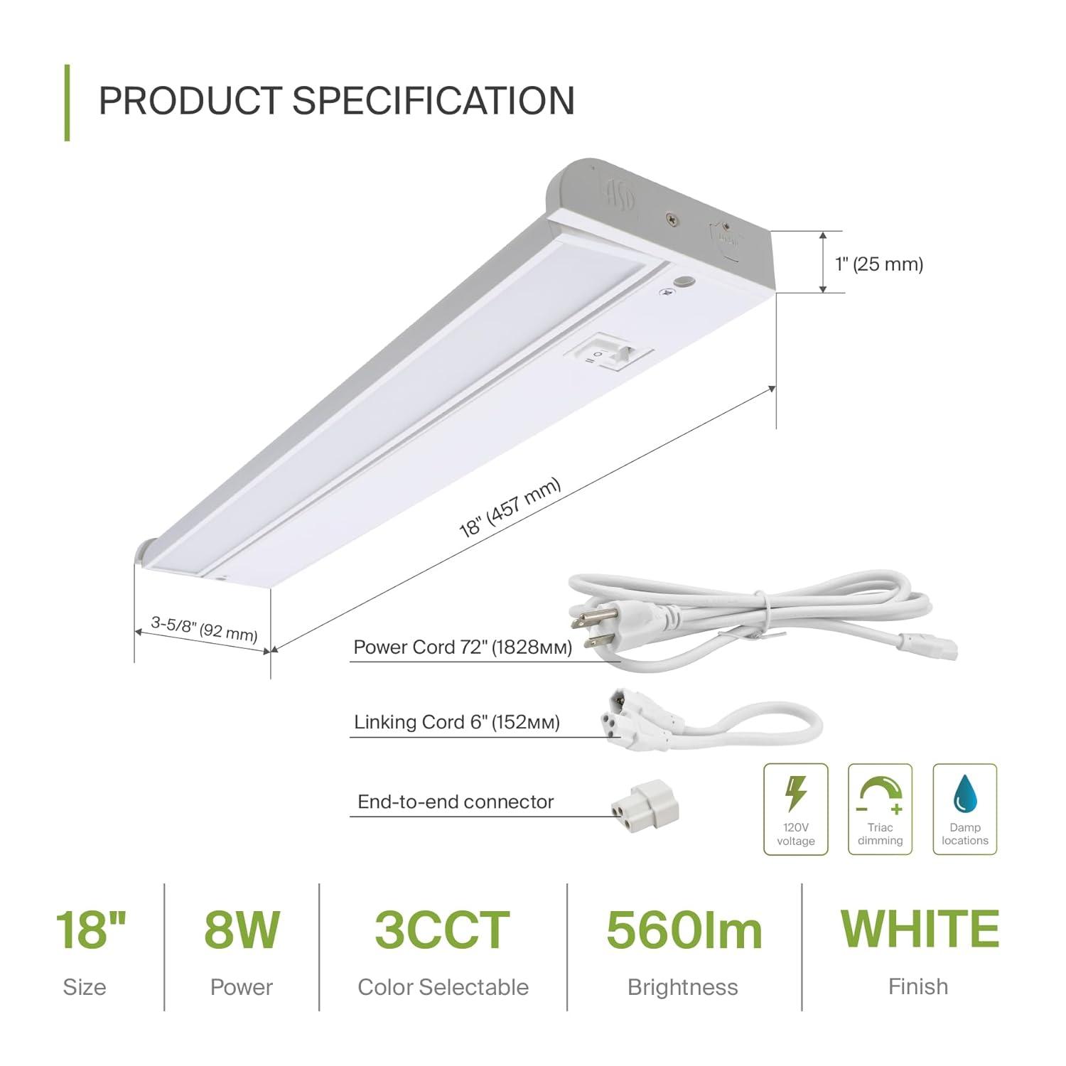 ASD Swivel LED Under Cabinet Lighting, 18 Inch 8W, Hardwired or Plug-in, 2700K/3000K/4000K, Hi/Low Switch, Rotatable Lens, Dimmable Linkable Under Counter Light for Kitchen, ETL & Energy Star