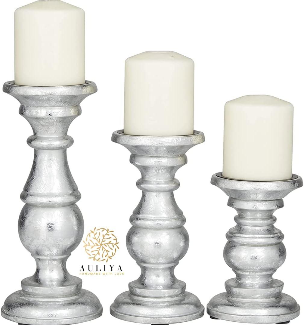 AULIYA Wooden Candle Holders Pillar Candles Holder Rustic Wood Stand Decorative Polish Candlestick Set of 3 for Home Decor - 6" 8" 10" Silver