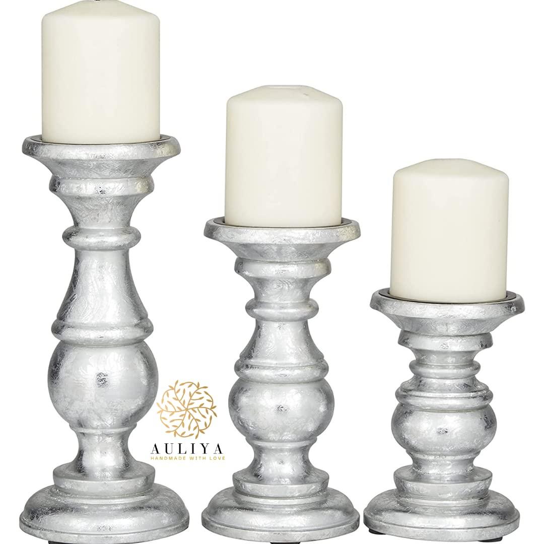 AULIYA Wooden Candle Holders Pillar Candles Holder Rustic Wood Stand Decorative Polish Candlestick Set of 3 for Home Decor - 6" 8" 10" Silver
