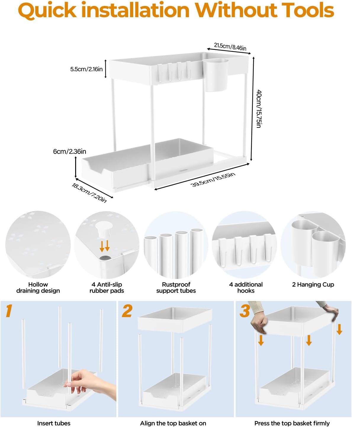 DILEASIR 2 Pack Kitchen Under Sink Organizer, with Hooks, Hanging Cup, for Bathroom, Laundry room, White