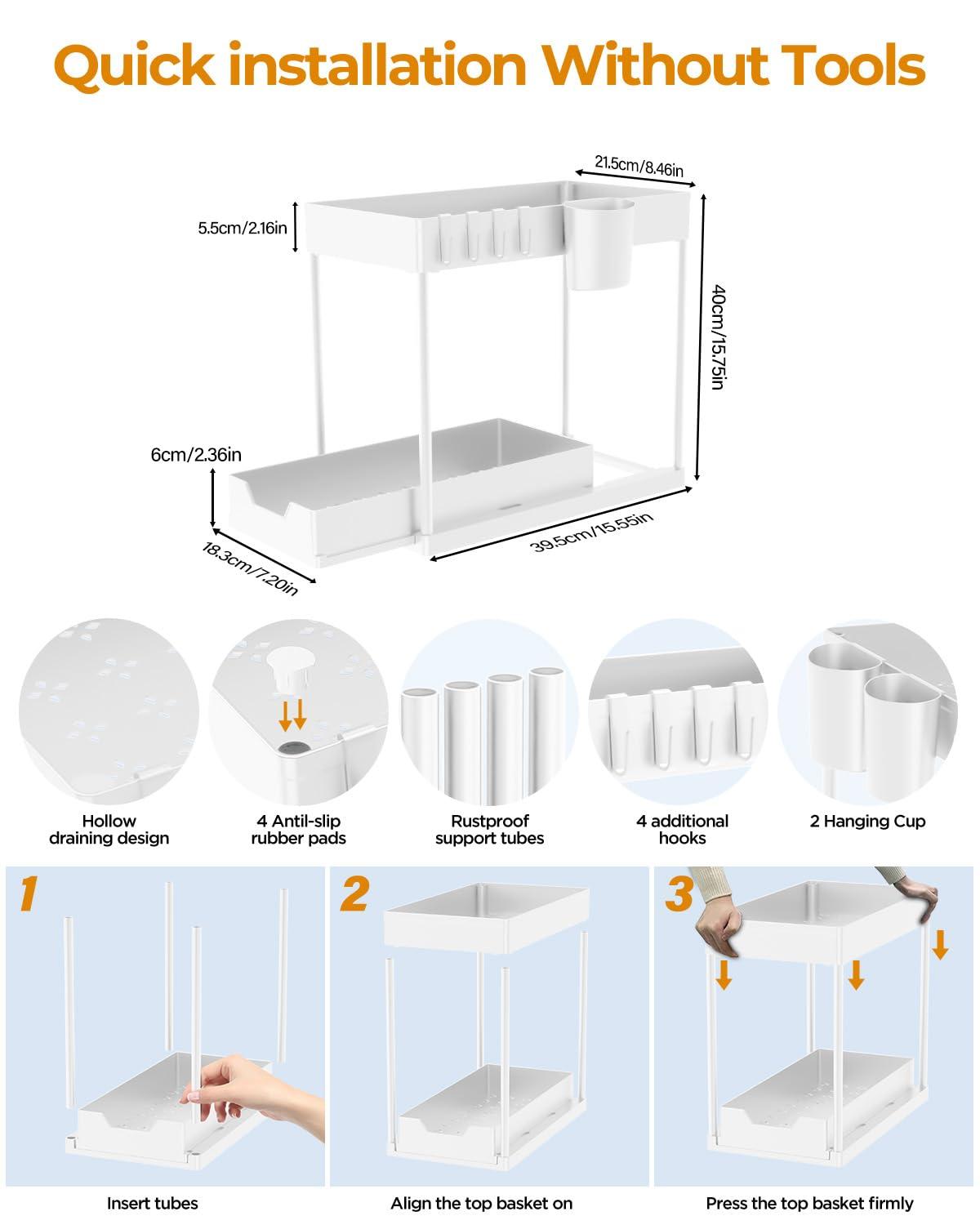 DILEASIR 2 Pack Kitchen Under Sink Organizer, with Hooks, Hanging Cup, for Bathroom, Laundry room, White
