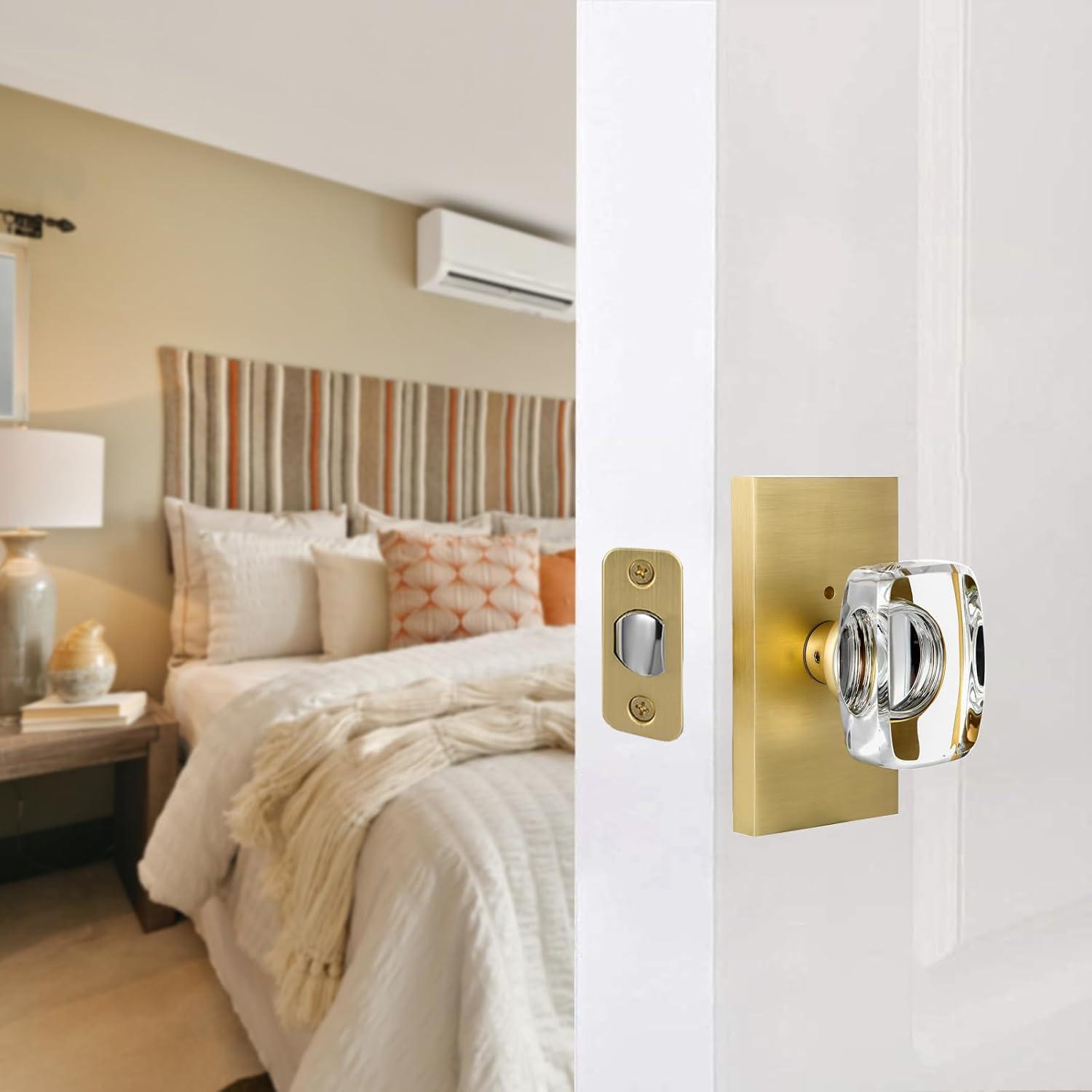 Clear Glass Crystal Door Knobs Interior,Octagon Gold Door Knob,Bathroom Bedroom Privacy Door Knobs with Lock,Satin Brass