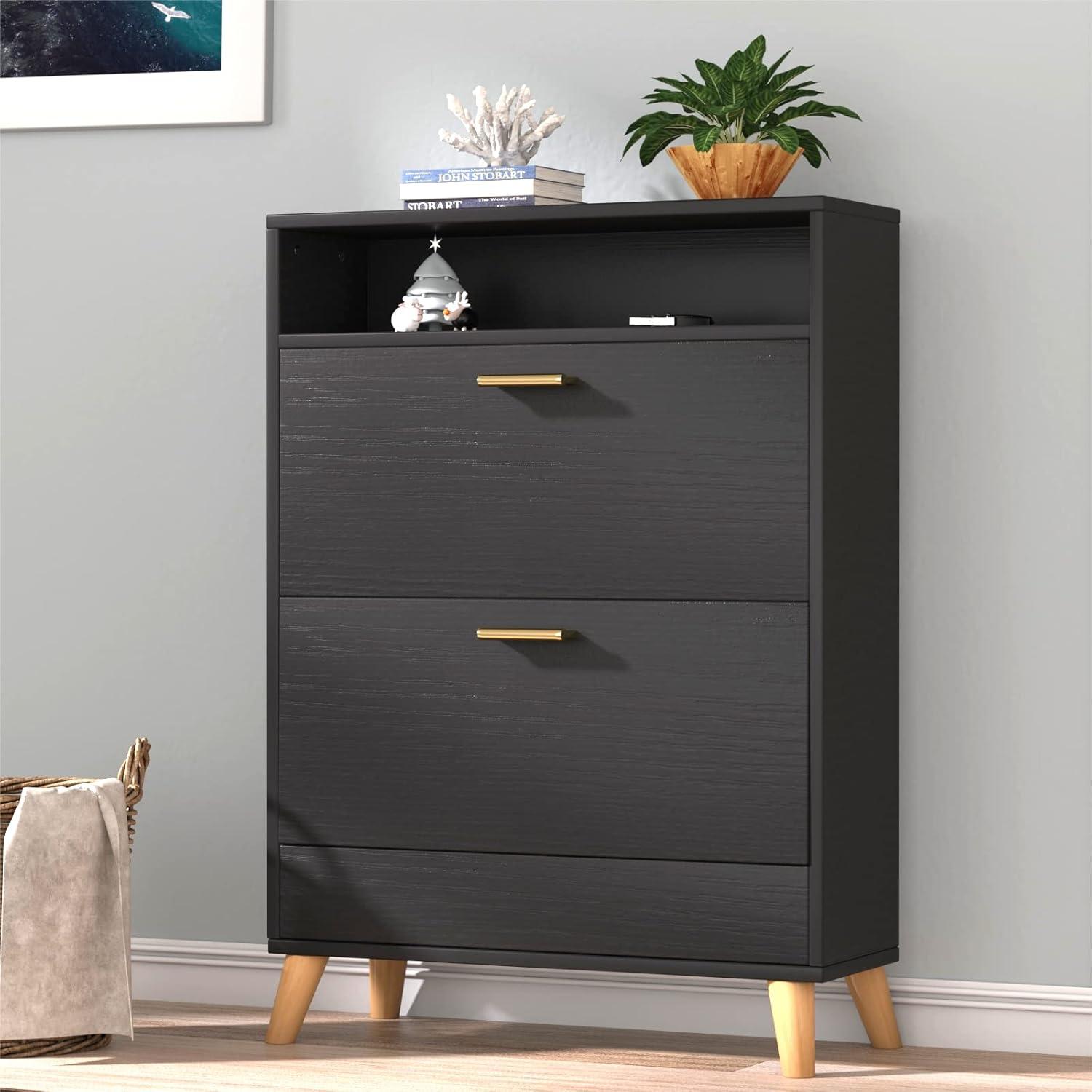 Shoe Storage Cabinets, 16 Pairs Free Standing Shoe Organizer with 2 Flip Drawers for Entryway, Narrow 3 Tier Entryway Hidden Shoe Rack with Doors (Dark Black)