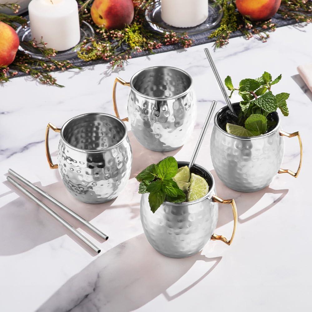 Sol Living Moscow Mule Mugs Set of 4, 14 oz Stainless Steel Lining Silver Cups Handcrafted Barware Set for Cocktails Mixed Drinks Bar Accessories Gift Set Hammered Finish Mugs Perfect for Cold Drinks