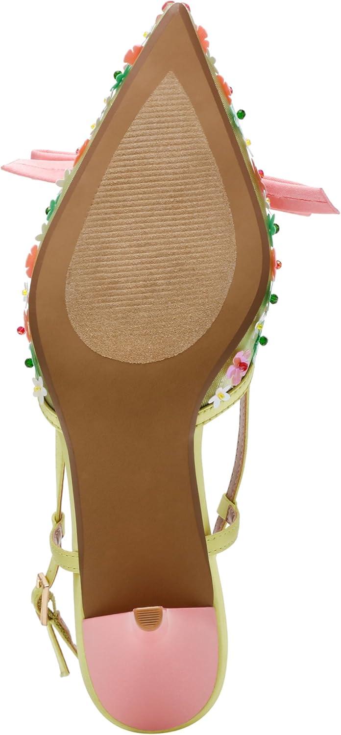 Lime Floral Sequin Mesh Slingback High Heel Pumps