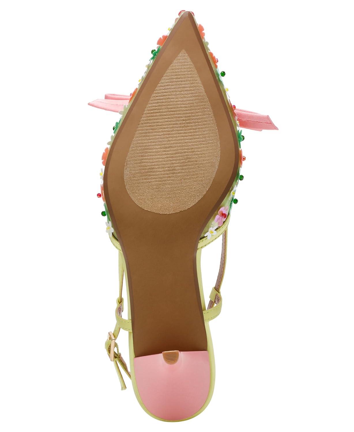 Lime Floral Sequin Mesh Slingback High Heel Pumps
