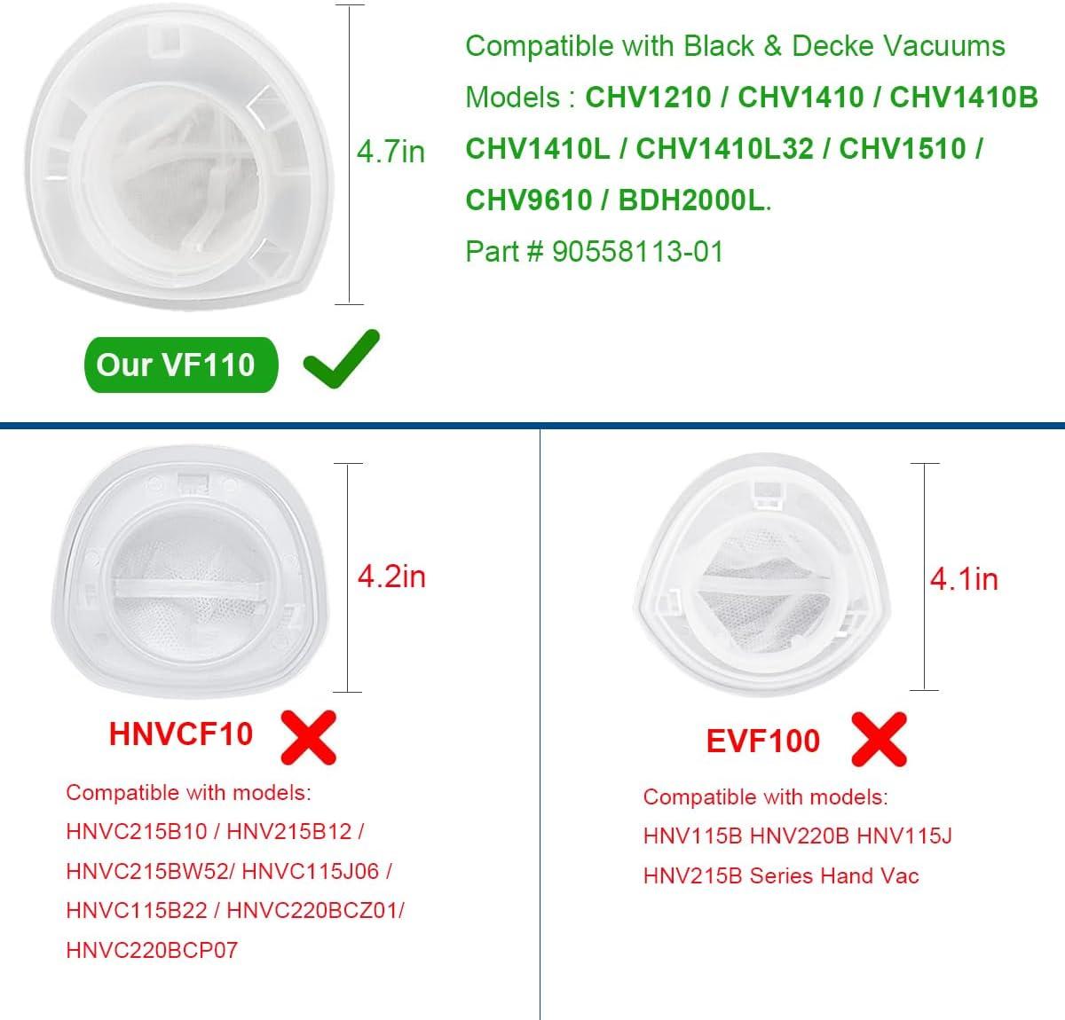 6 Pack Replacement Filter Compatible with Black & Decker Hand Vacuum Cordless Vacuum VF110 CHV1410L, CHV1410, CHV9610, CHV1210, CHV1410B, CHV1510, BDH2000L