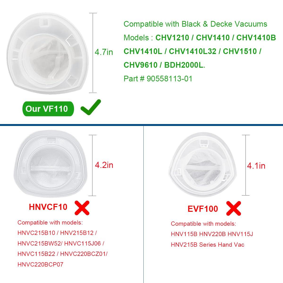 6 Pack Replacement Filter Compatible with Black & Decker Hand Vacuum Cordless Vacuum VF110 CHV1410L, CHV1410, CHV9610, CHV1210, CHV1410B, CHV1510, BDH2000L