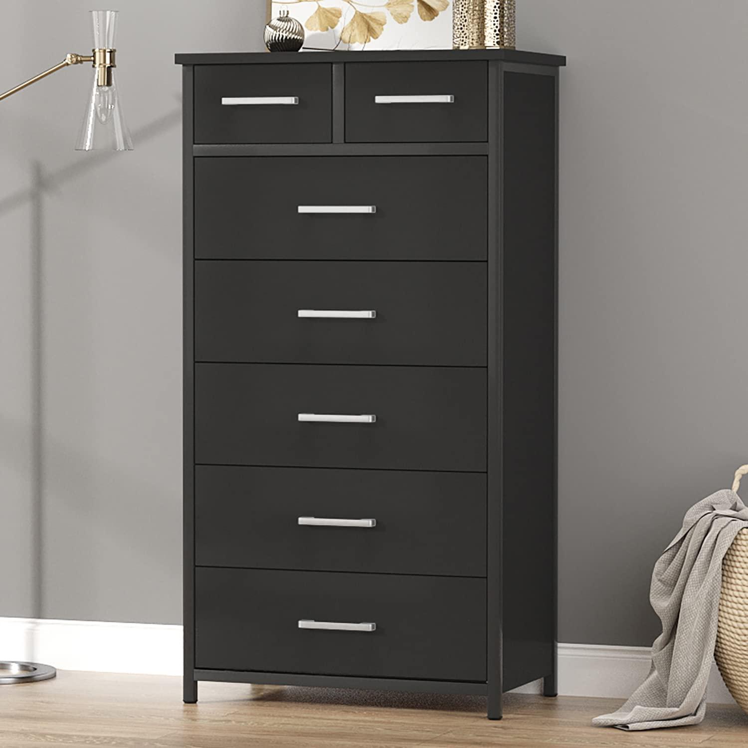 IKENO 7 Drawer Dresser, Industrial Wood Storage Dressers & Chests of Drawers with Sturdy Steel Frame, Storage Dresser for Bedroom Wood