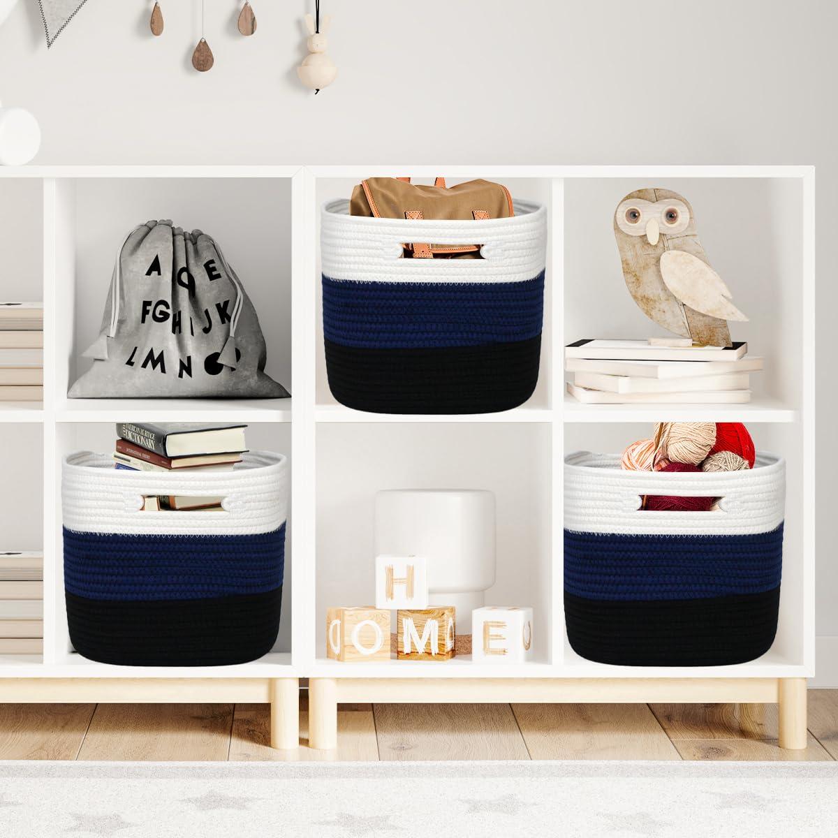 KOUROUU 3 Pack Cotton Rope Storage Basket Woven Shelf Storage Bin with Faux Leather Handles, Decorative Closet Shelf Woven Basket for Storage Organizers, 15 x 10 x 9, White/Gray