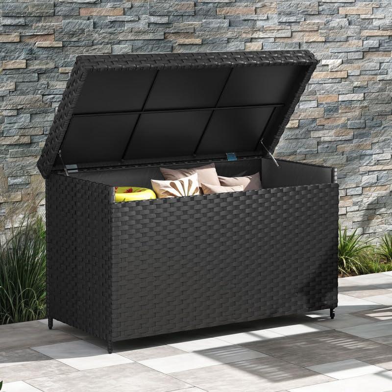 DWVO 230 Gallon Outdoor Storage Box, Weather-Proof Wicker Deck Box, XXL Outside Storage Container for Patio Furniture, Cushions, Pool Storage and Garden Tools, Black
