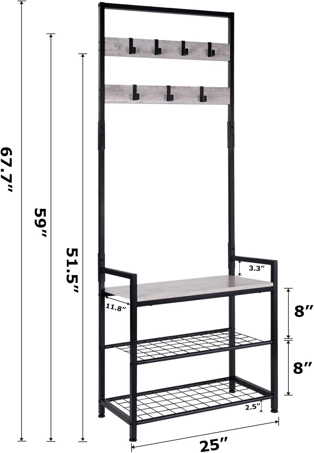 Greige and Black Hall Tree with Storage Bench and Hooks