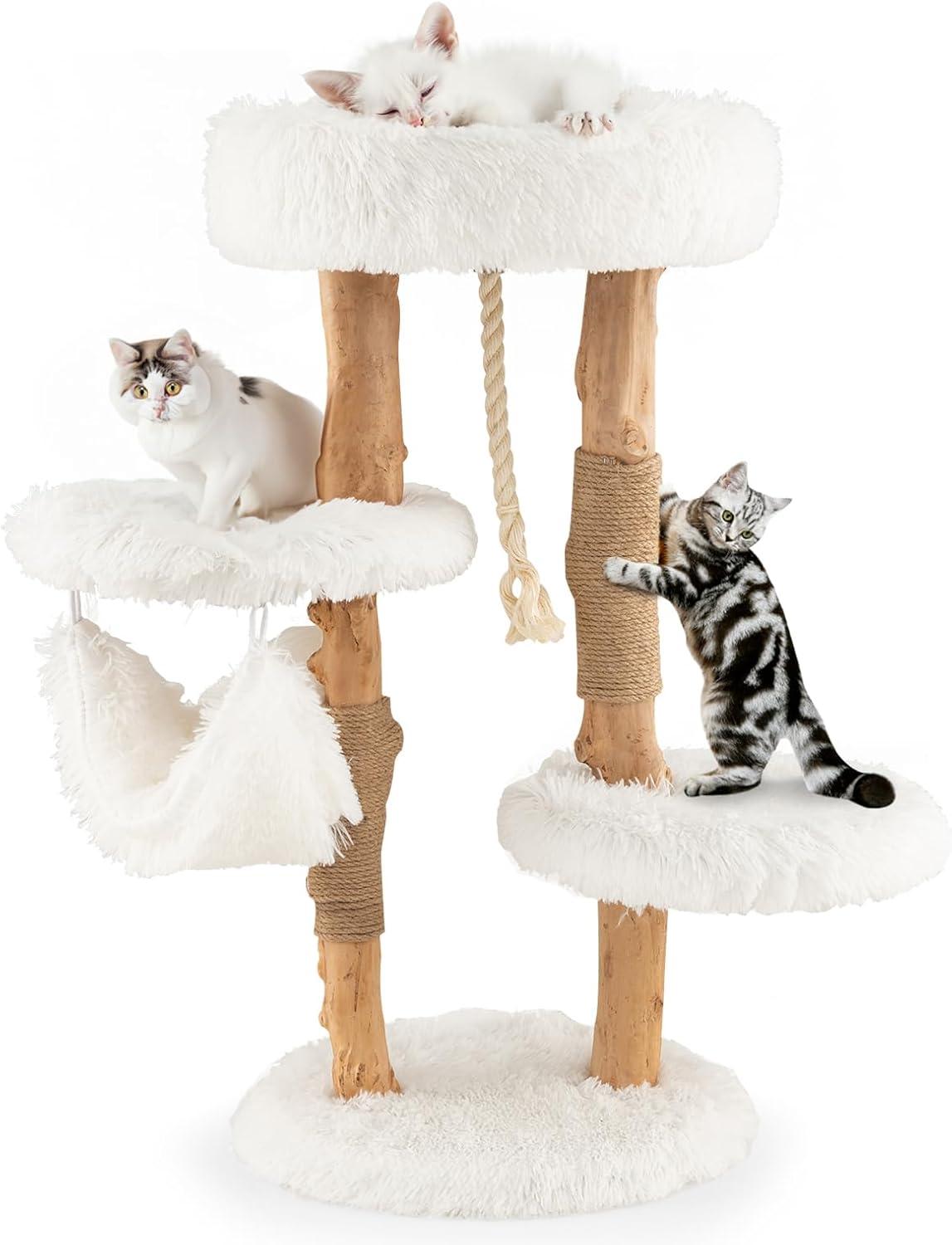 Tangkula 34" Tall Wooden Cat Tree Solid Wood Cat Tower with Jute Scratching Posts