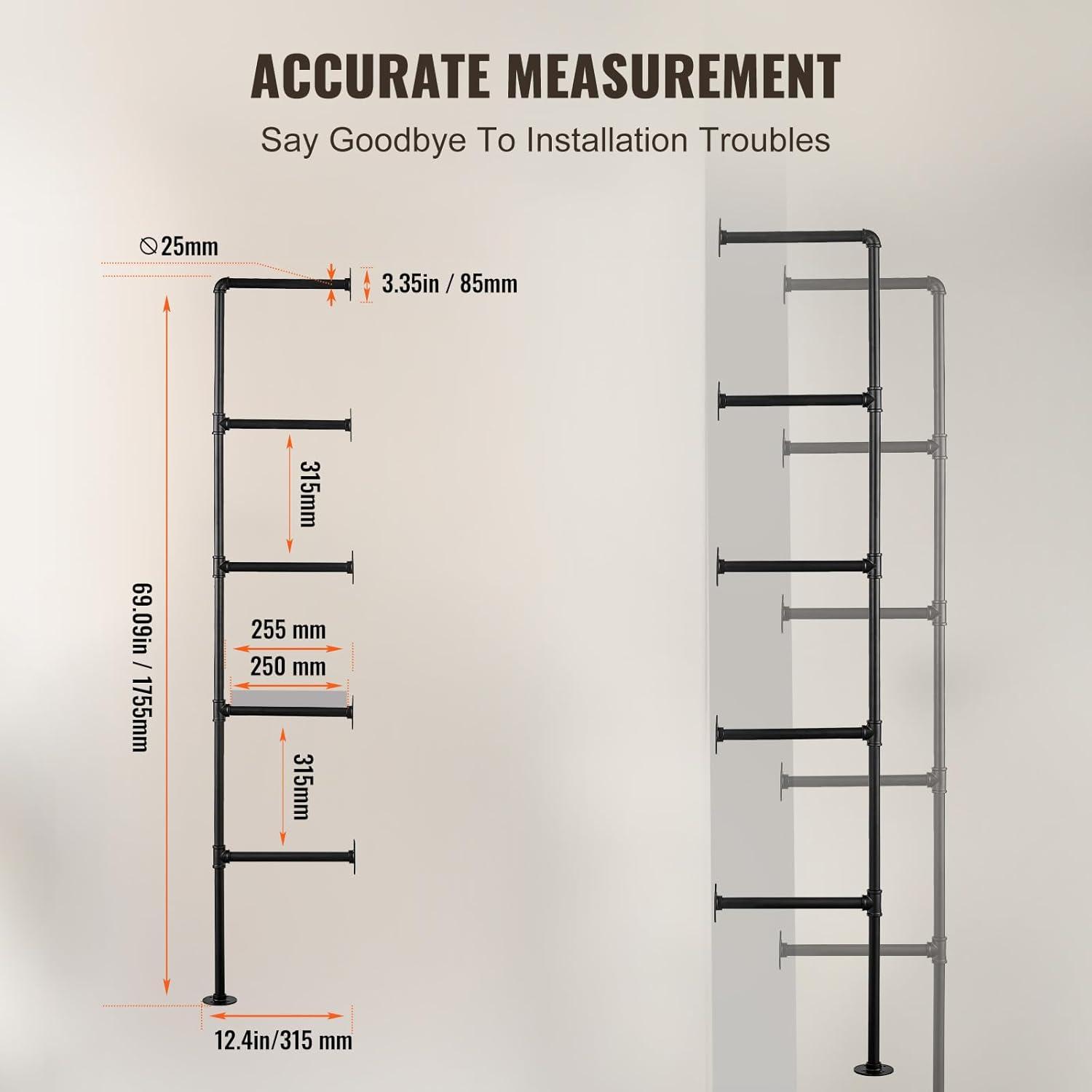 VEVOR Industrial Pipe Shelf, 5 Tier 2PCS, 9.84in Applicable Board Width Wall-Mount Floating Rustic Wood Shelves Bracket Bookshelf,Storage Holder for Kitchen Bedroom Bathroom, (Planks NOT Included)