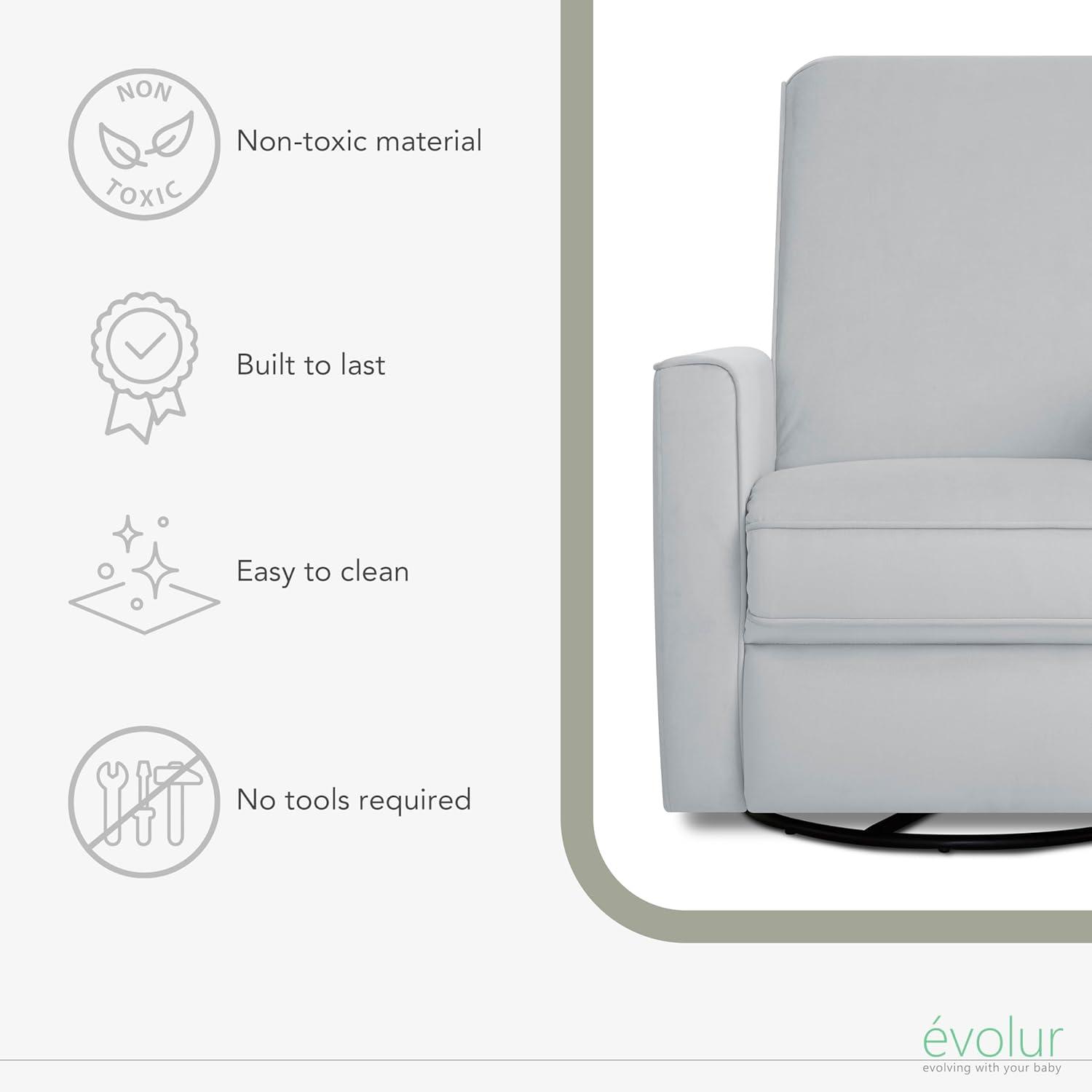 Evolur Harlow Deluxe Greenguard Gold Certified Upholstered Plush Seating Glider Swivel & Power Recliner, Grey
