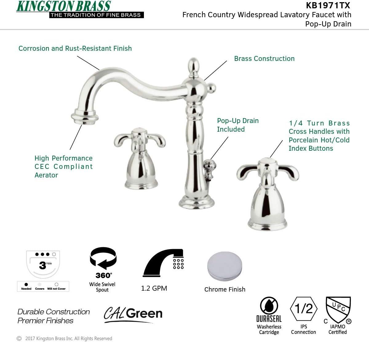 Kingston Brass French Country Two-Handle 3-Hole Deck Mount Widespread Bathroom Faucet with Pop-Up Drain