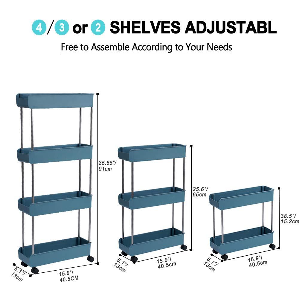 Melody House 4-Tier Slim Storage Cart, Navy Blue, Easy to Install, Durable Plastic and Stainless Steel Shelving Unit, Ideal for Small Spaces