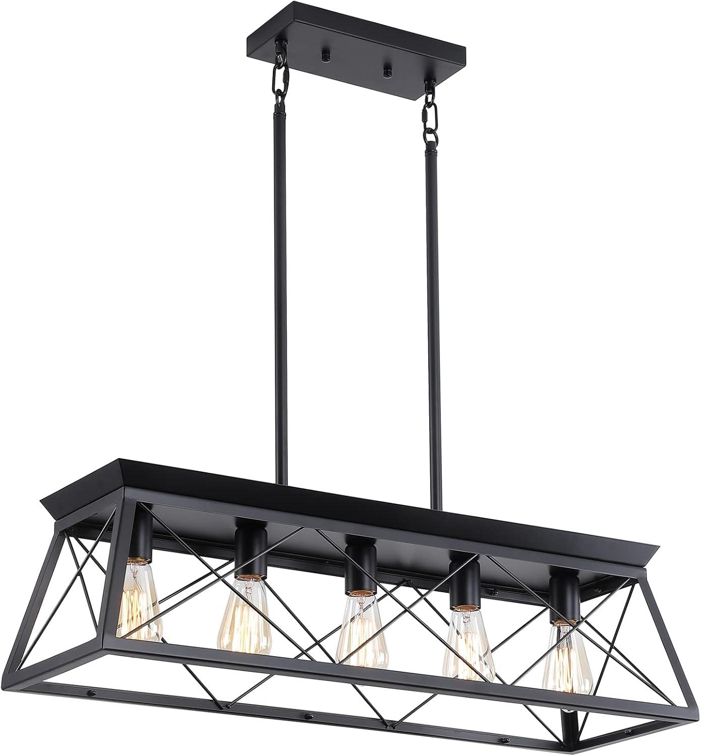 5-Light Farmhouse Chandeliers For Dining Room, Metal Rustic Pendant Island Light Fixture, Modern Rectangular Island Lights For Kitchen, Living Room Pure Black(No Bulbs)