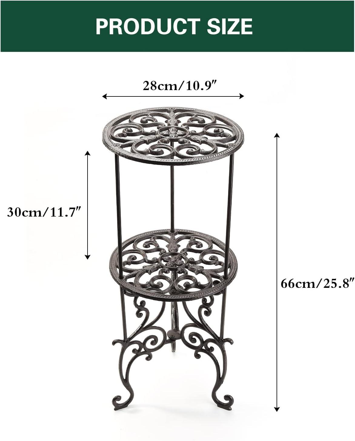 26-Inch Vintage Black Cast Iron 2-Tier Plant Stand