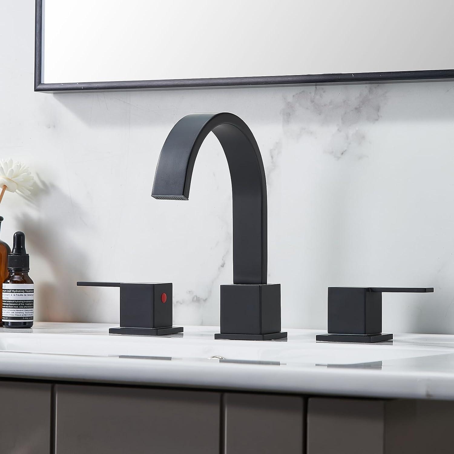 VAPSINT Black Bathroom Faucet 3 Hole, 8 Inch Widespread Matte Black Waterfall Bathroom Sink Faucet, 2 Handle Lavatory Vanity Faucet for Bathroom Sink with Pop Up Drain & Supply Hoses