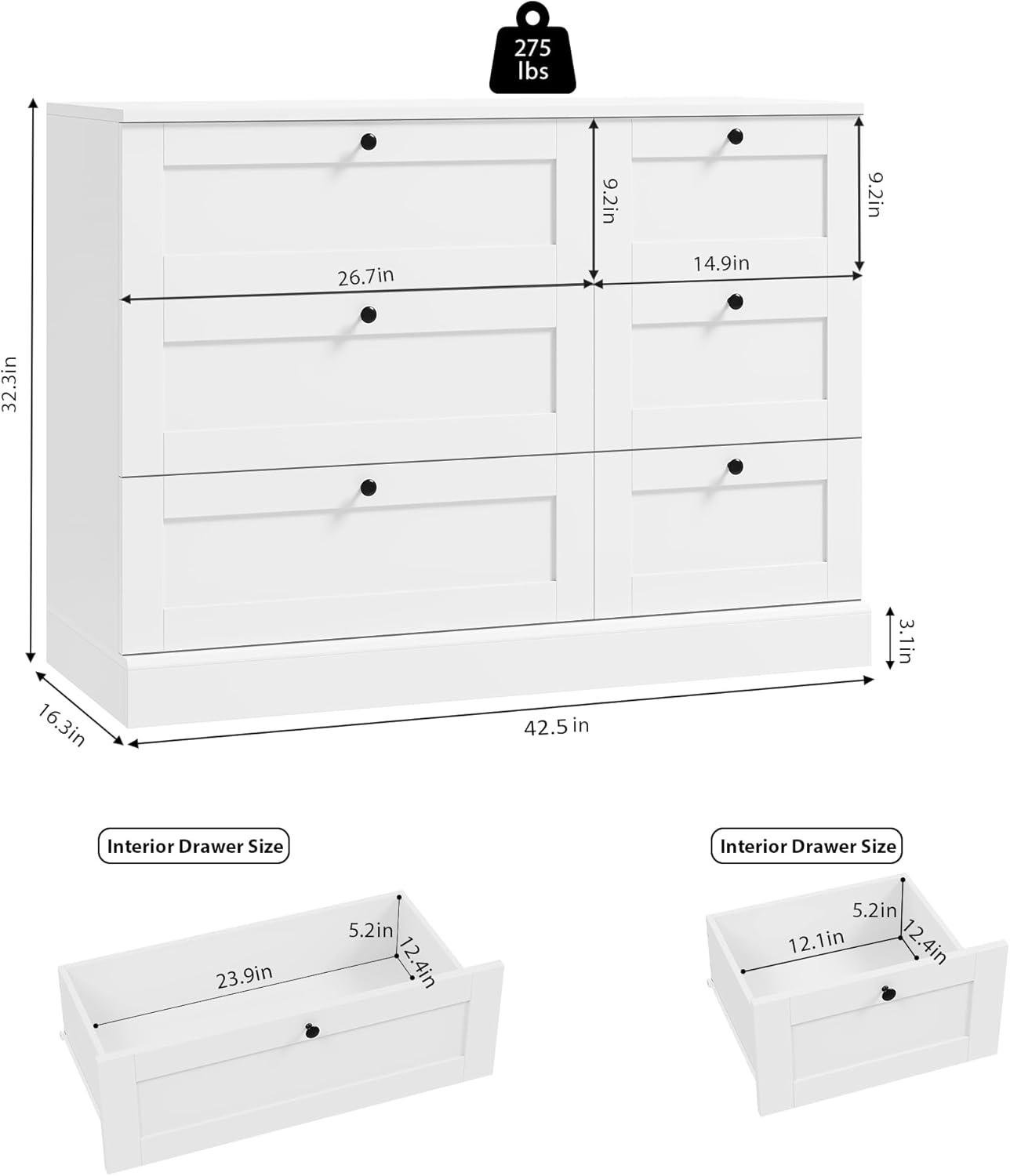 White Modern 6-Drawer Wood Dresser with Black Knobs