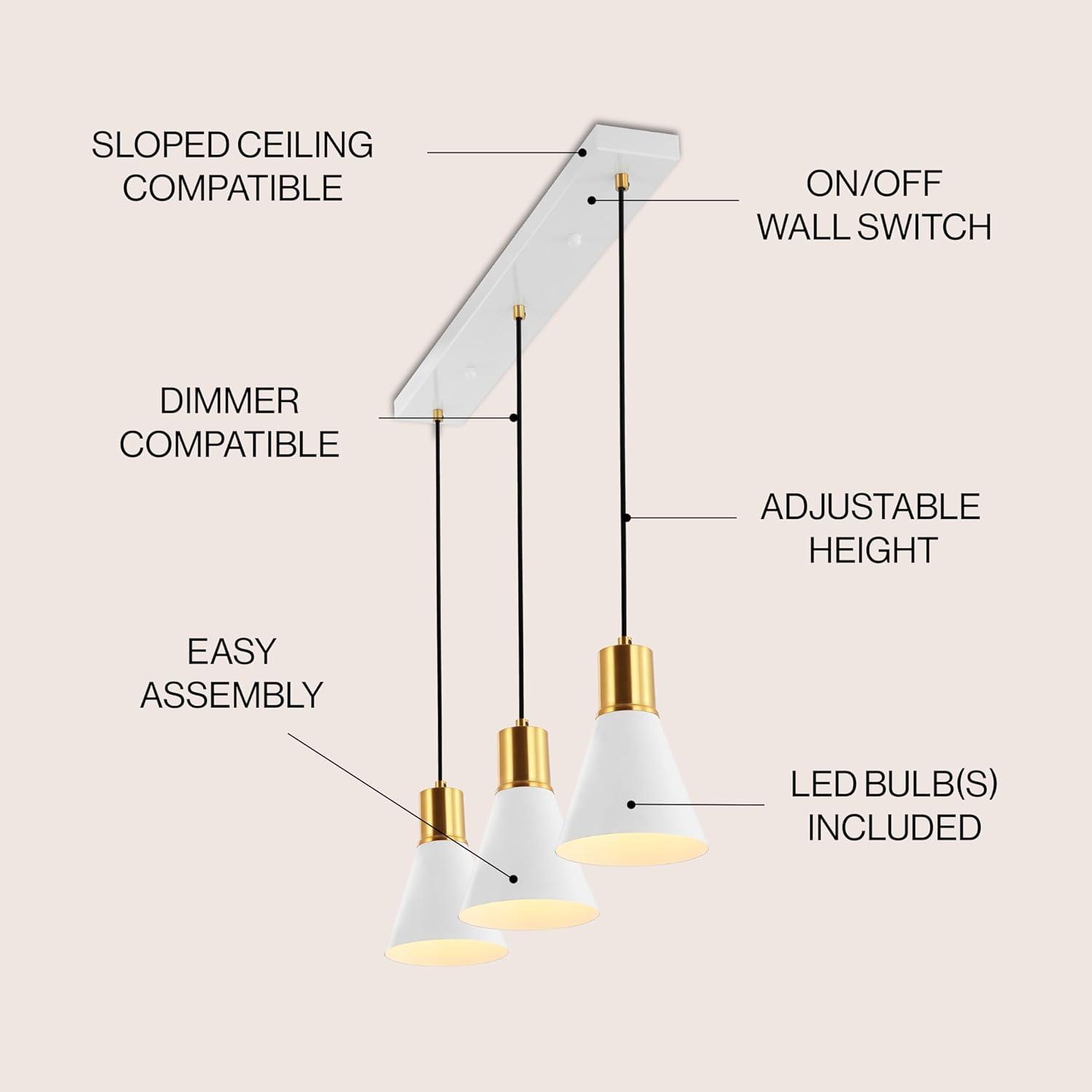 Apollo 33.5" 3-Light Mid-Century Modern Iron Adjustable Linear LED Pendant, White/Brass Gold