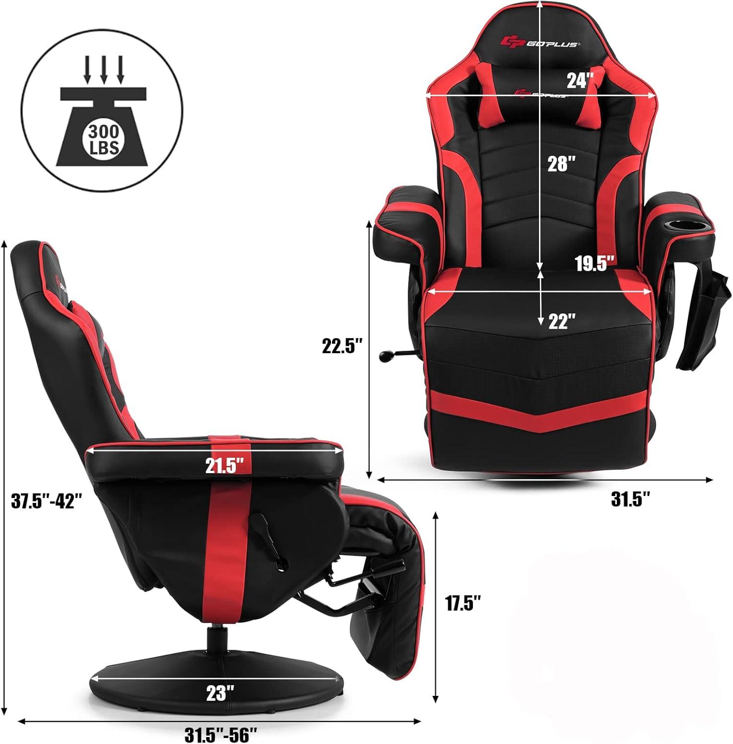 POWERSTONE Gaming Recliner Massage Gaming Chair with Footrest Ergonomic PU Leather Single Sofa with Cup Holder Headrest and Side Pouch, Adjustable Living Room Chair Seating, Red