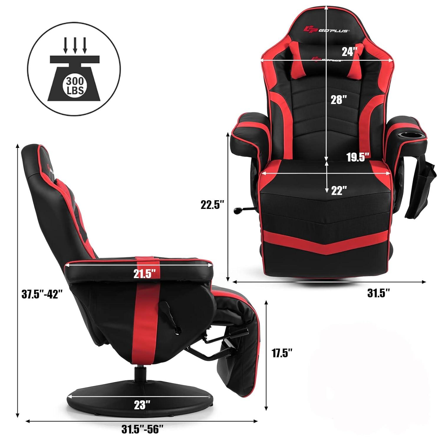 POWERSTONE Gaming Recliner Massage Gaming Chair with Footrest Ergonomic PU Leather Single Sofa with Cup Holder Headrest and Side Pouch, Adjustable Living Room Chair Seating, Red