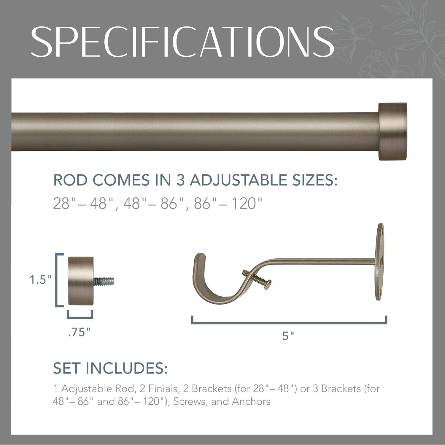 Serena 1" Window Drapery Single Curtain Rod with Contemporary Cap Finial - 120" - Nickel - Elrene Home Fashions